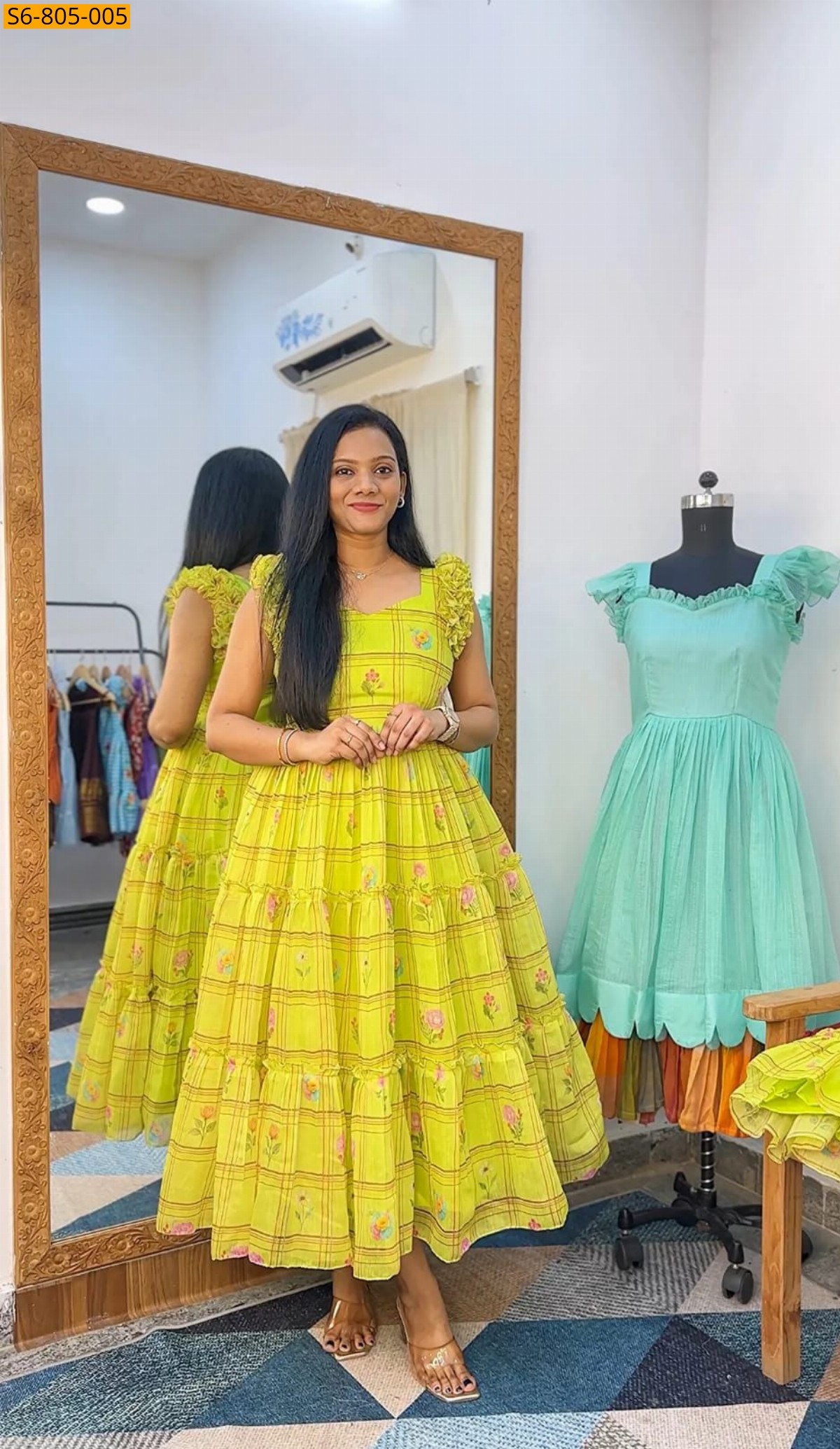 Parrot Green Fancy Chanderi Mix Cotton Maxi