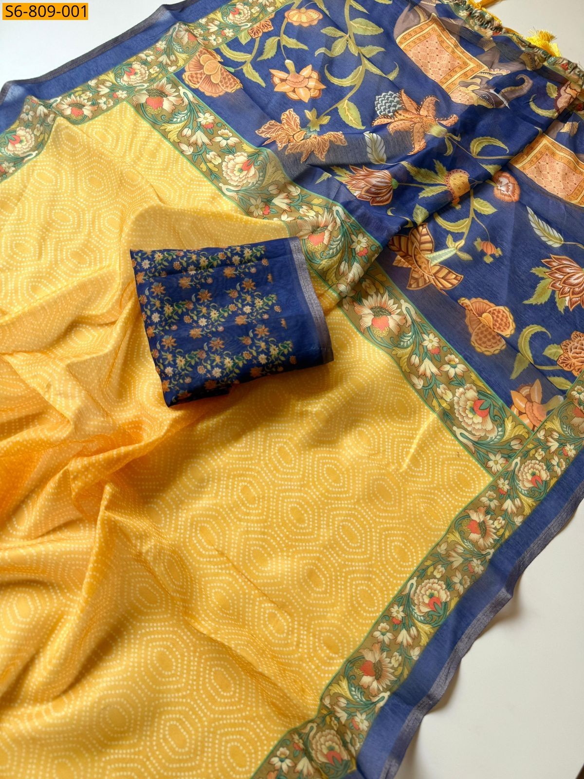 Yellow Fancy cotton silk printed Saree