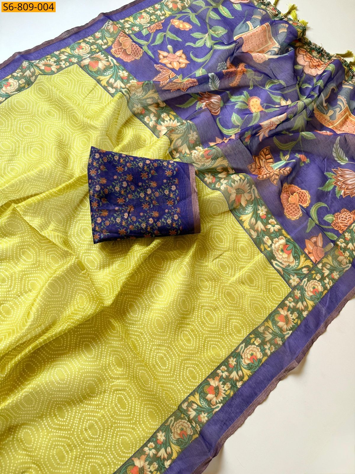Lemon yellow Fancy cotton silk printed Saree
