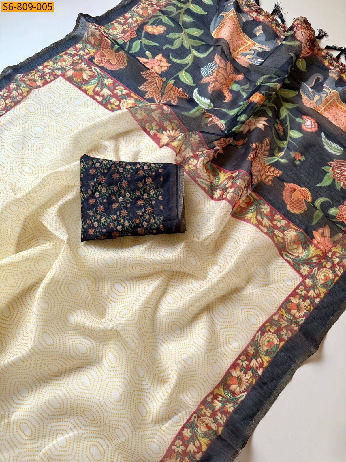 Half White Fancy cotton silk printed Saree