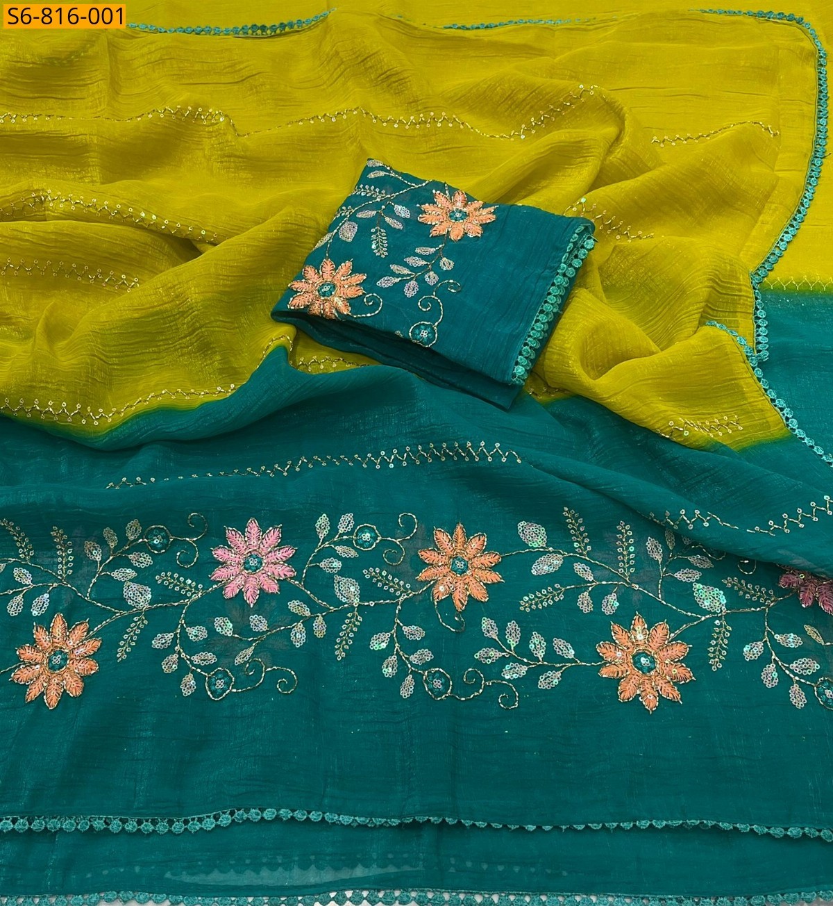 Yellow Fancy Crunchy pedding  Embroidery Saree
