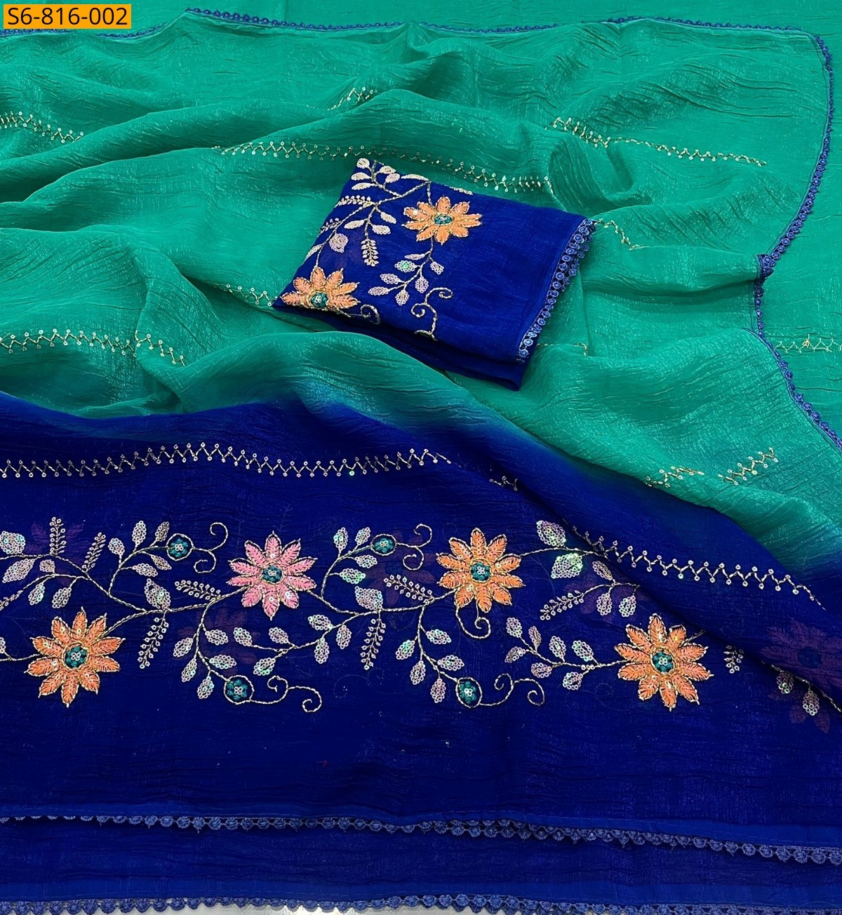 Rama Green Fancy Crunchy pedding  Embroidery Saree