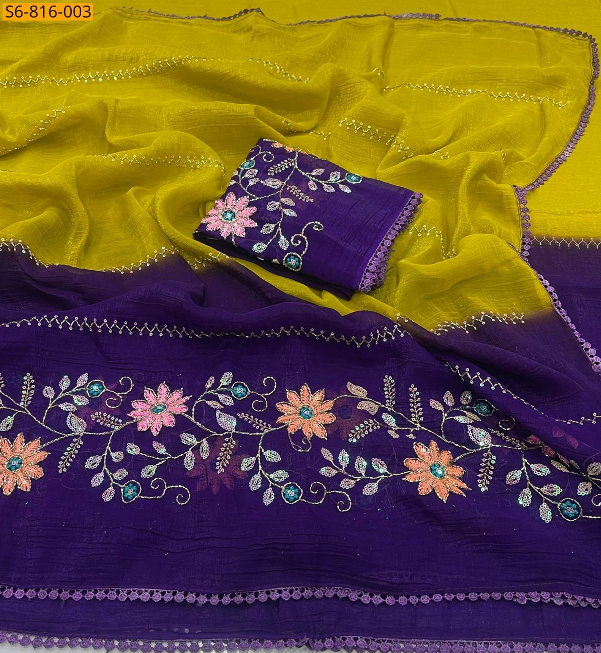 Yellow Fancy Crunchy pedding  Embroidery Saree