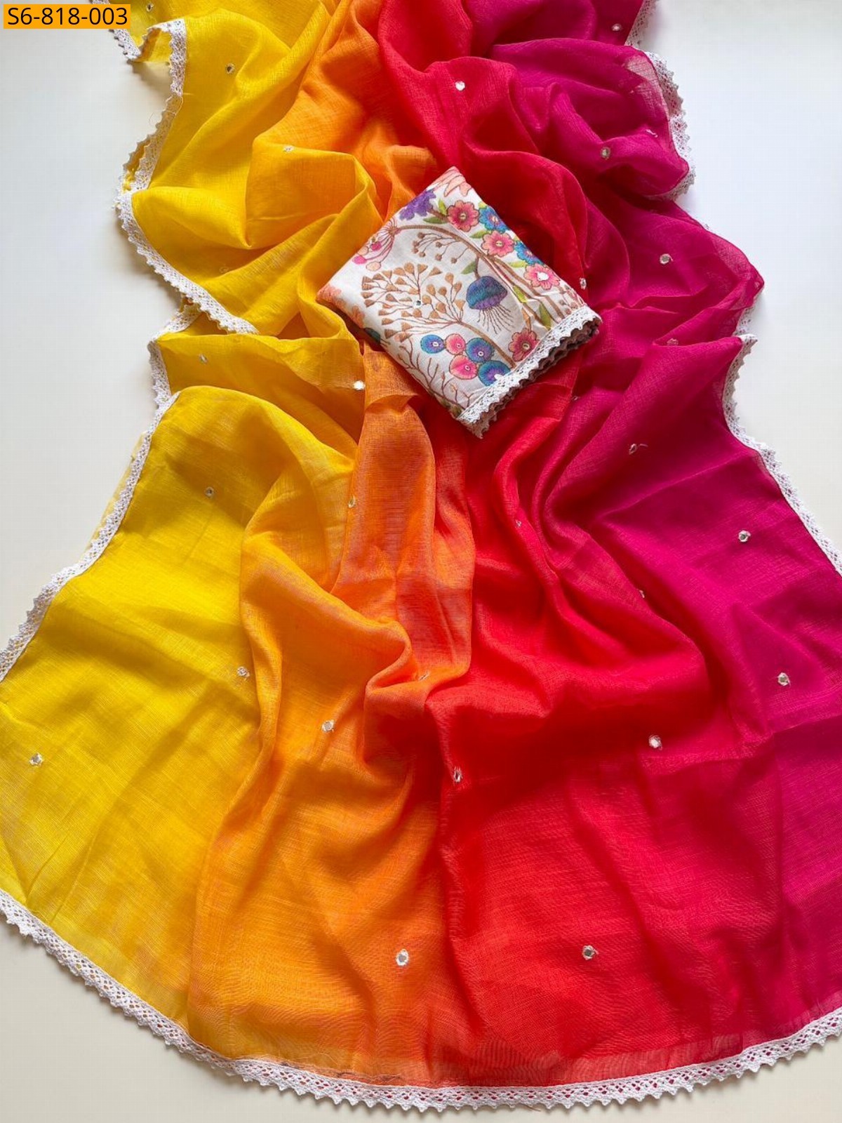 Yellow Fancy Soft Peding Linen Saree