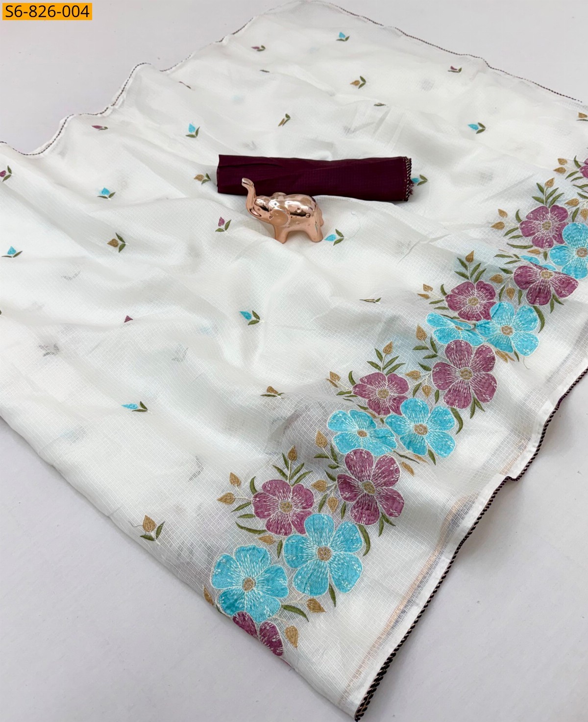 White Fancy Kota Embroidery Saree
