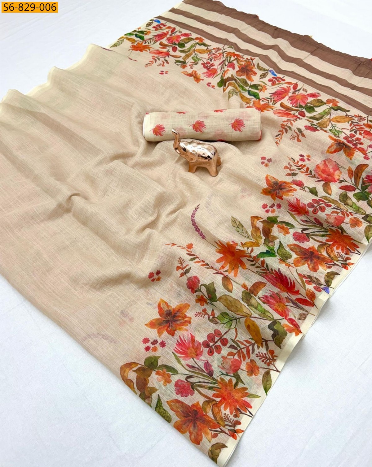Fancy Soft Linen  Saree - Beige