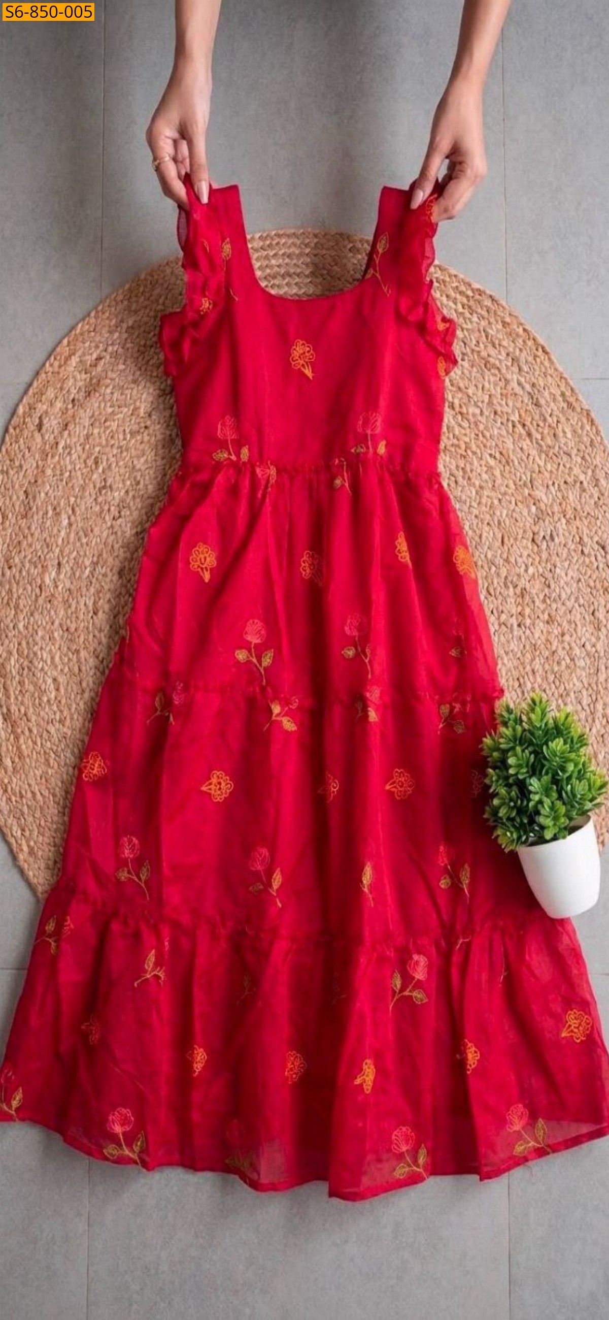 Red Fancy mix Chanderi Cotton Maxi