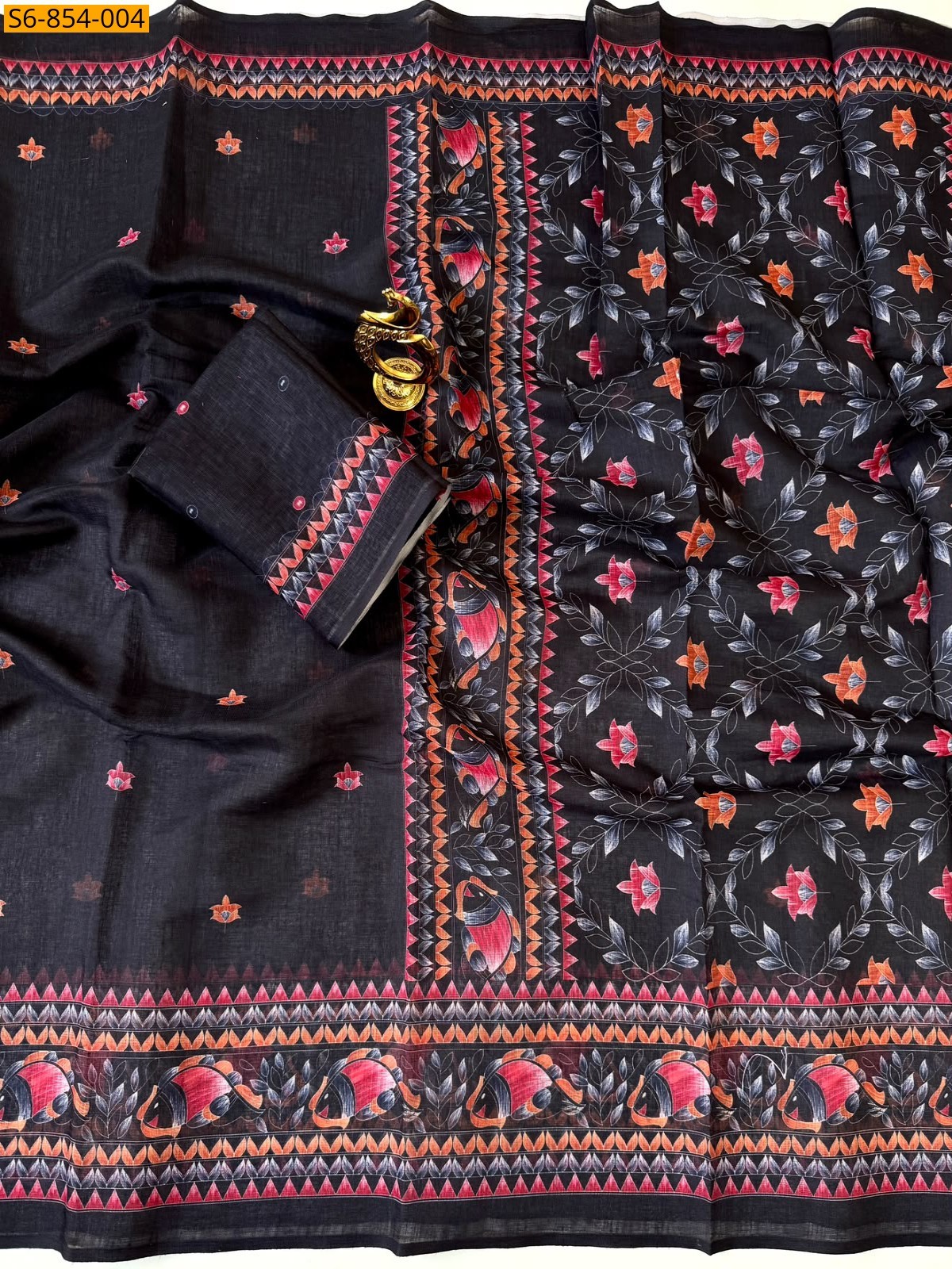 Black Fancy Linen Cotton Saree