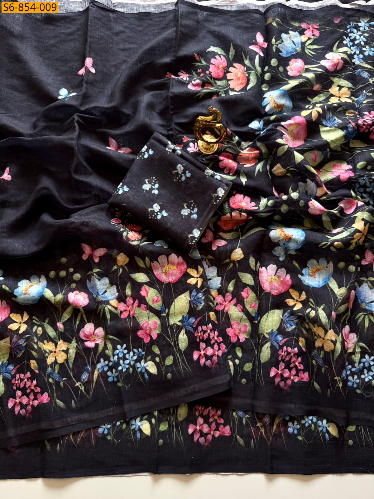 Black Fancy Linen Cotton Saree