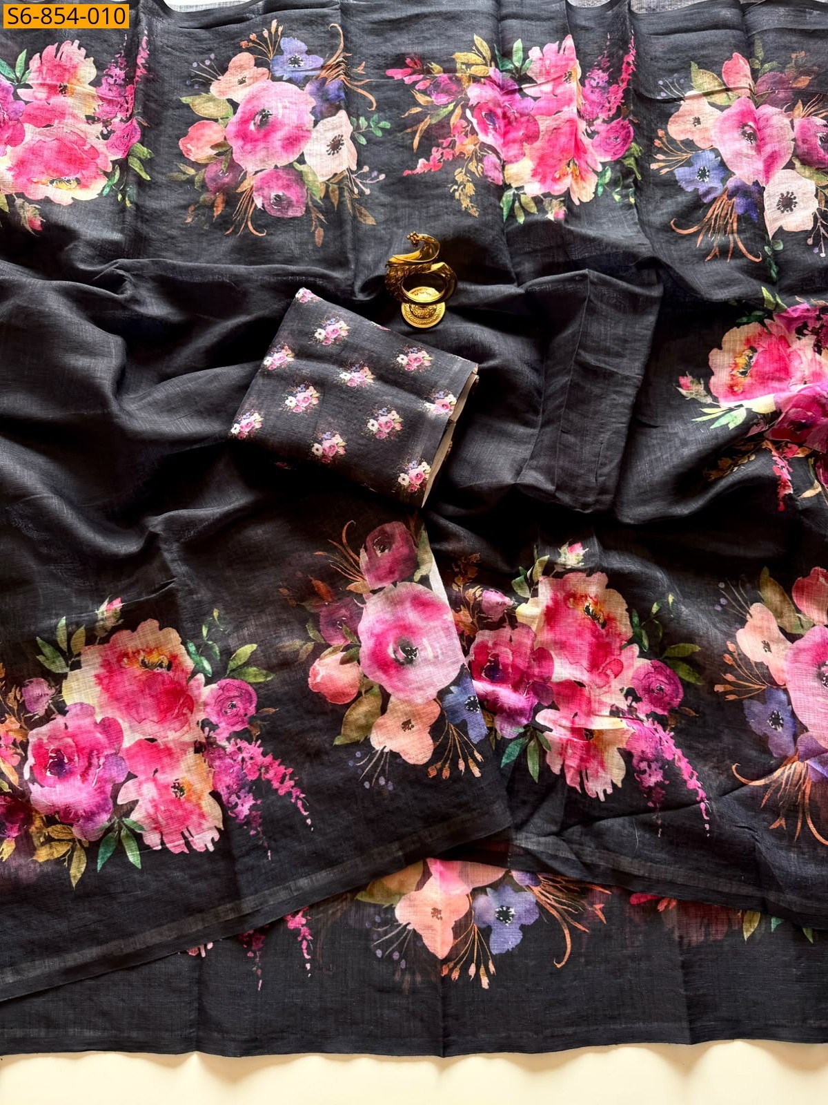 Black Fancy Linen Cotton Saree