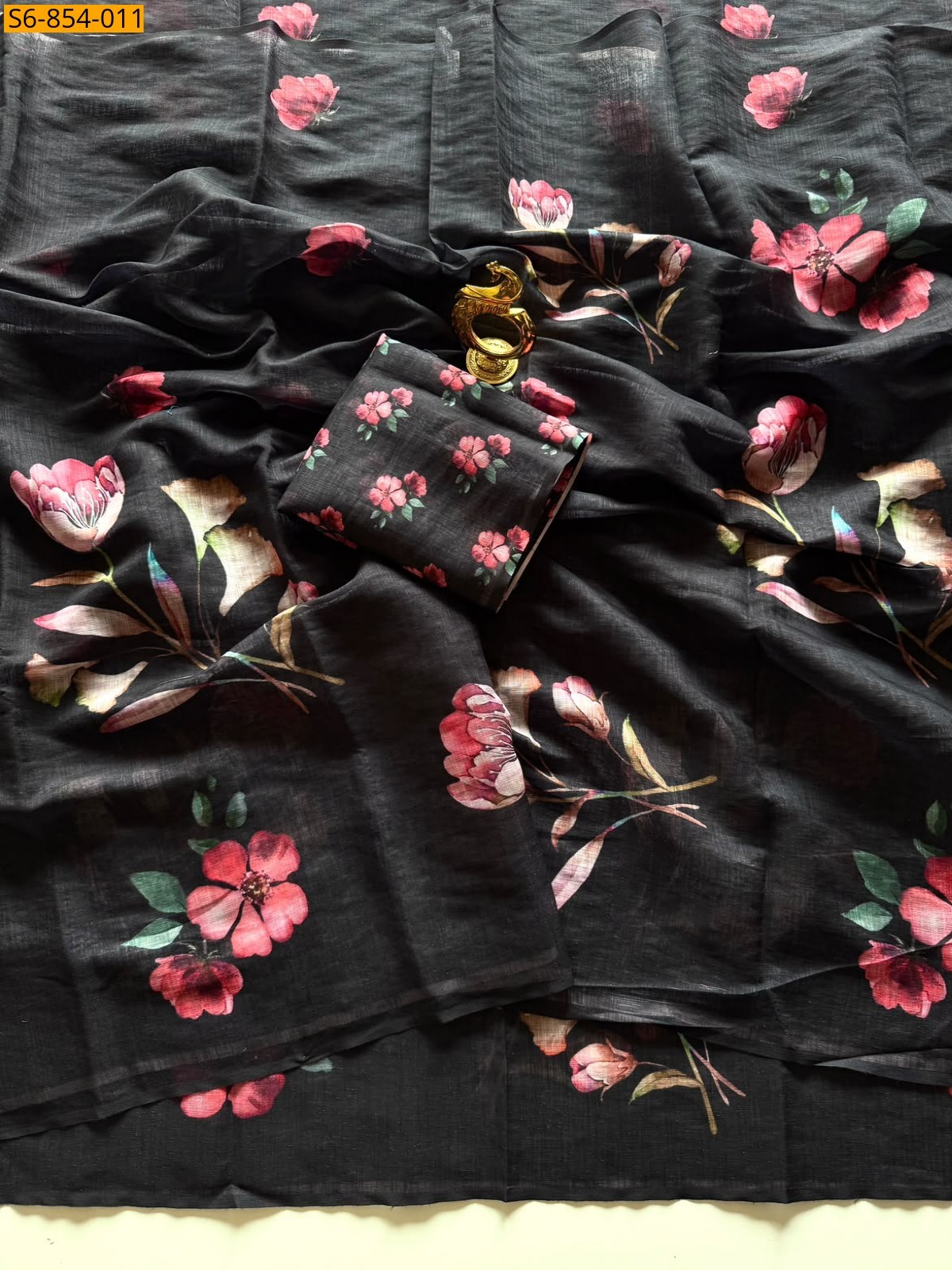Black Fancy Linen Cotton Saree