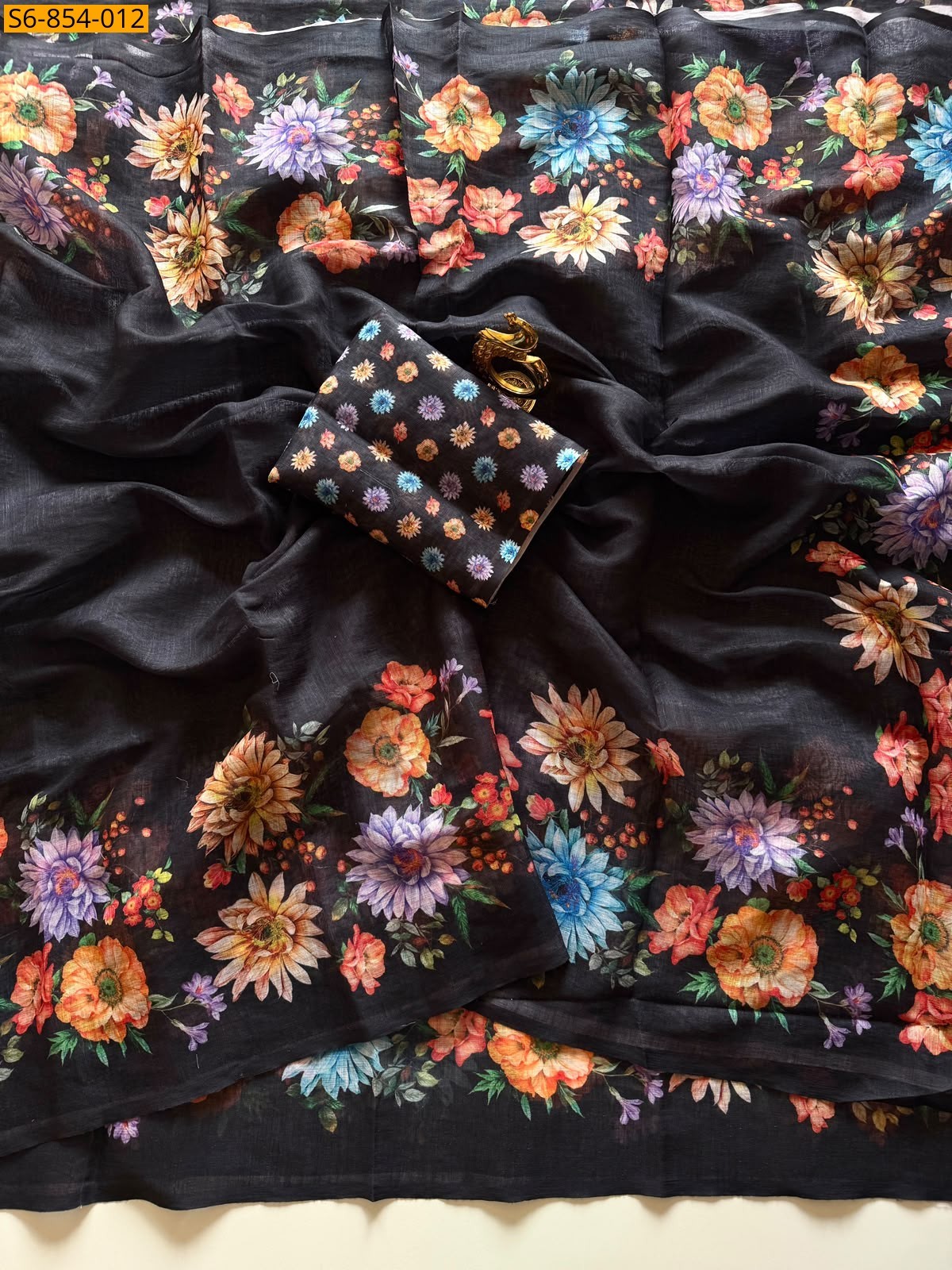 Black Fancy Linen Cotton Saree
