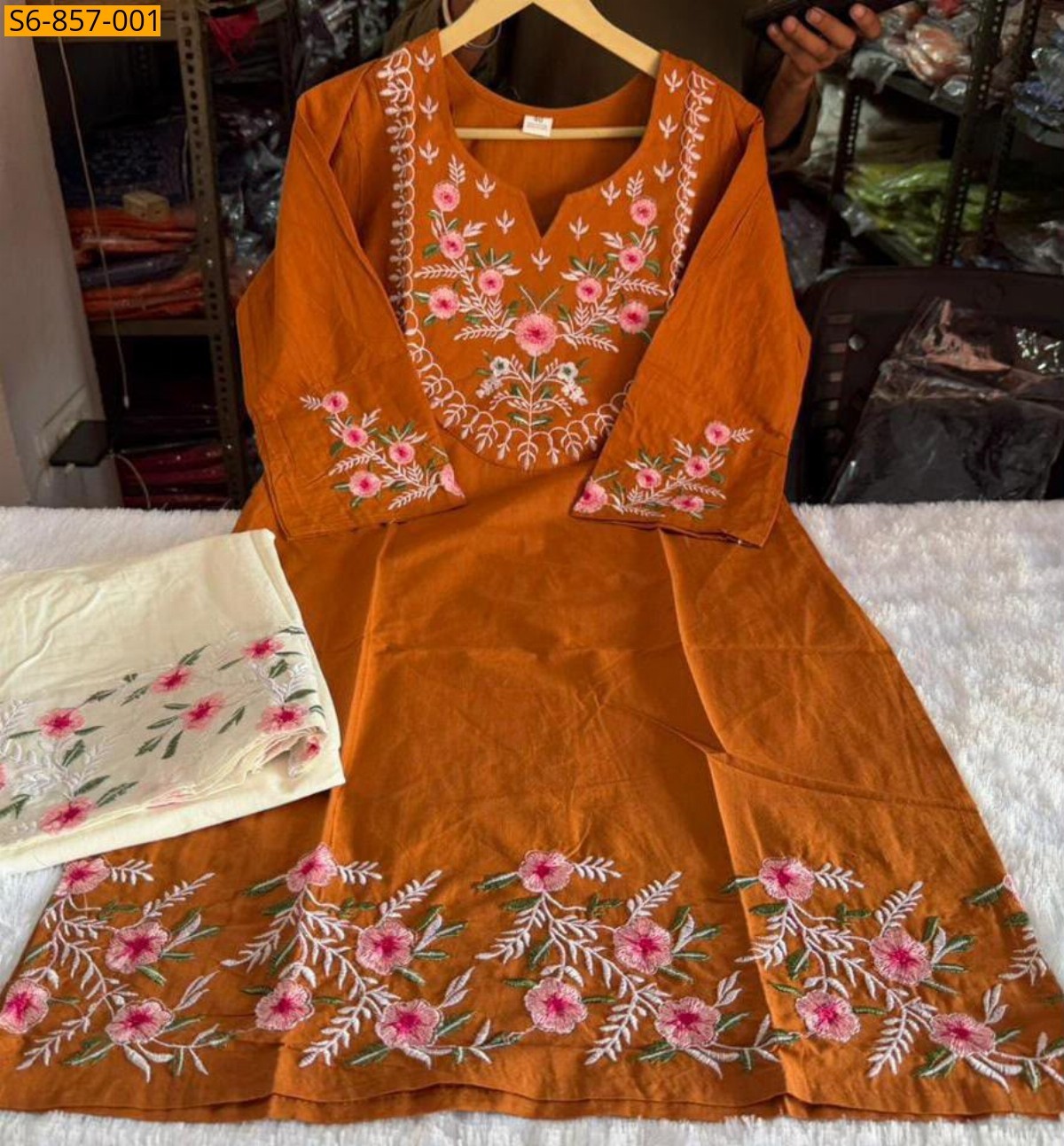 Orange Fancy Mix Cotton Embroidered Coord Set