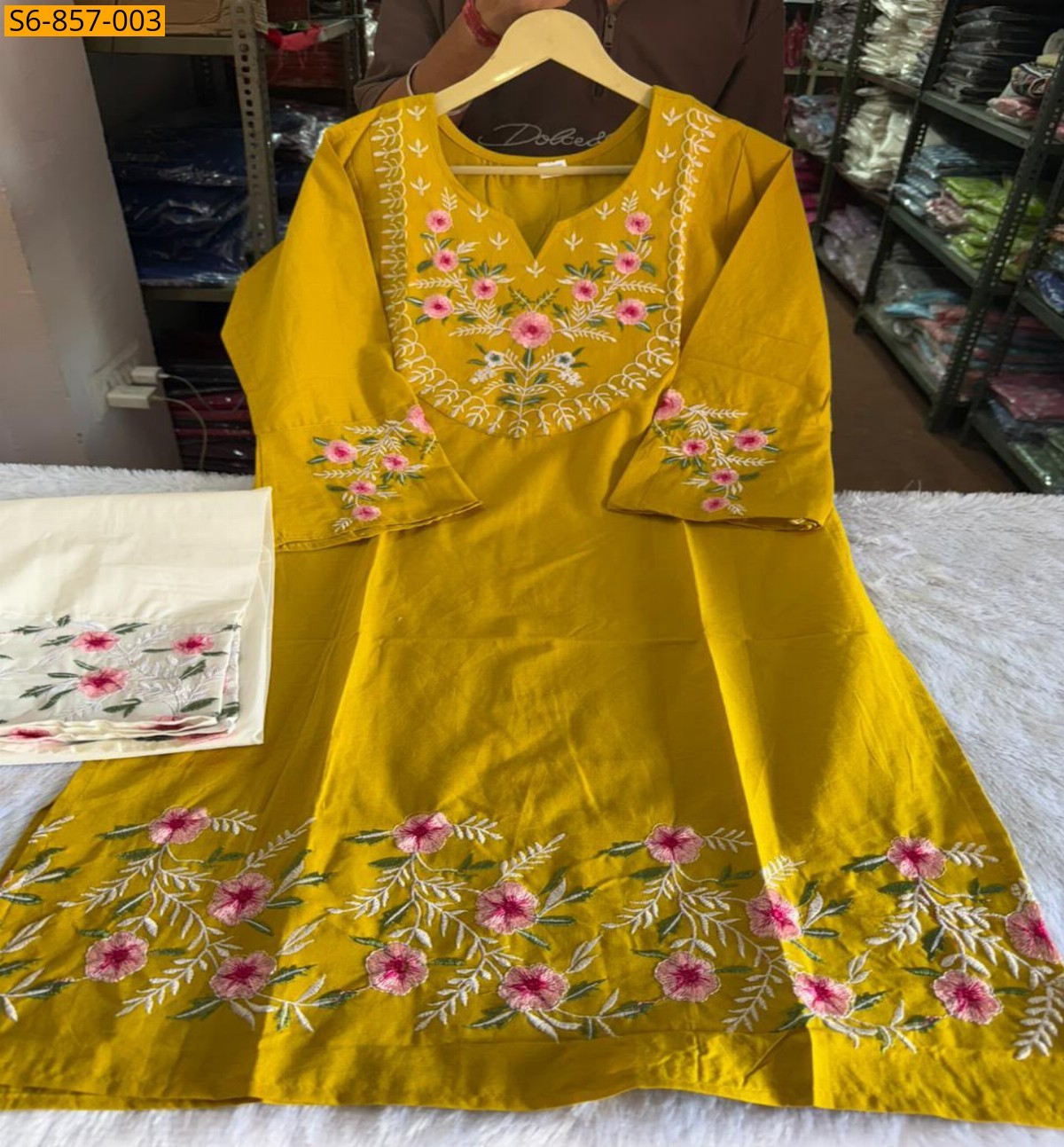 Mustard Yellow Fancy Mix Cotton Embroidered Coord Set