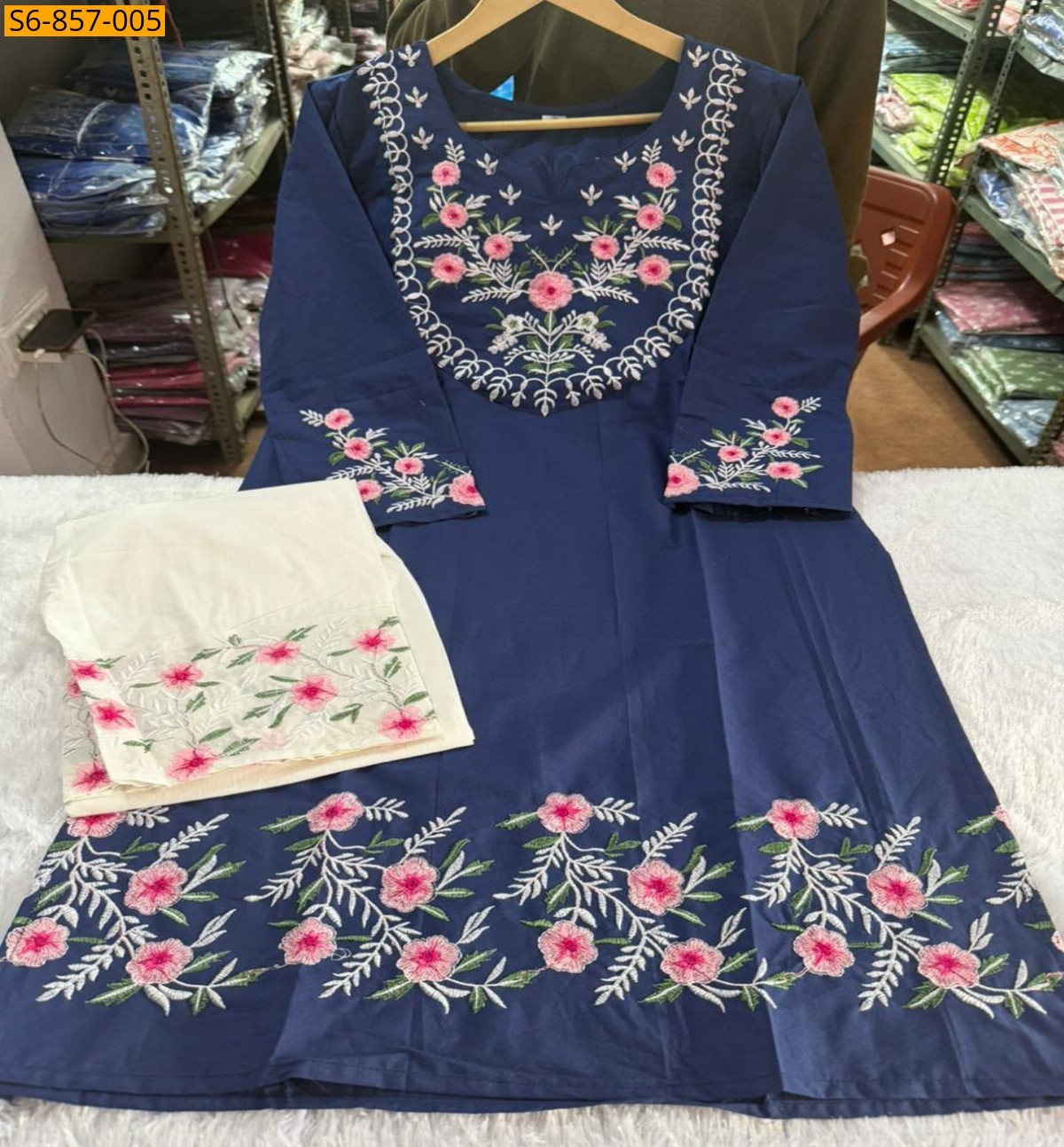 Navy Blue Fancy Mix Cotton Embroidered Coord Set