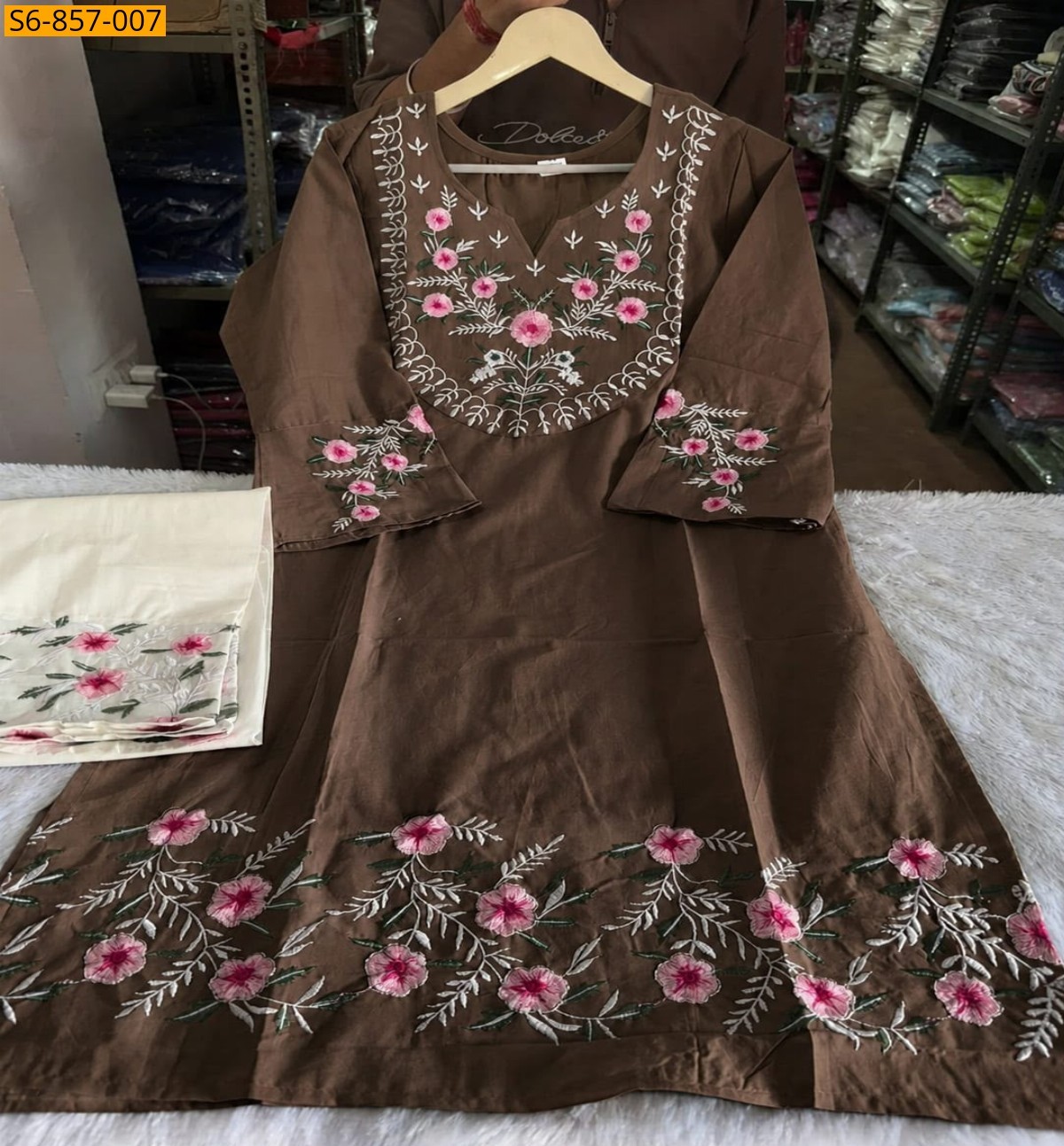 Dark brown Fancy Mix Cotton Embroidered Coord Set
