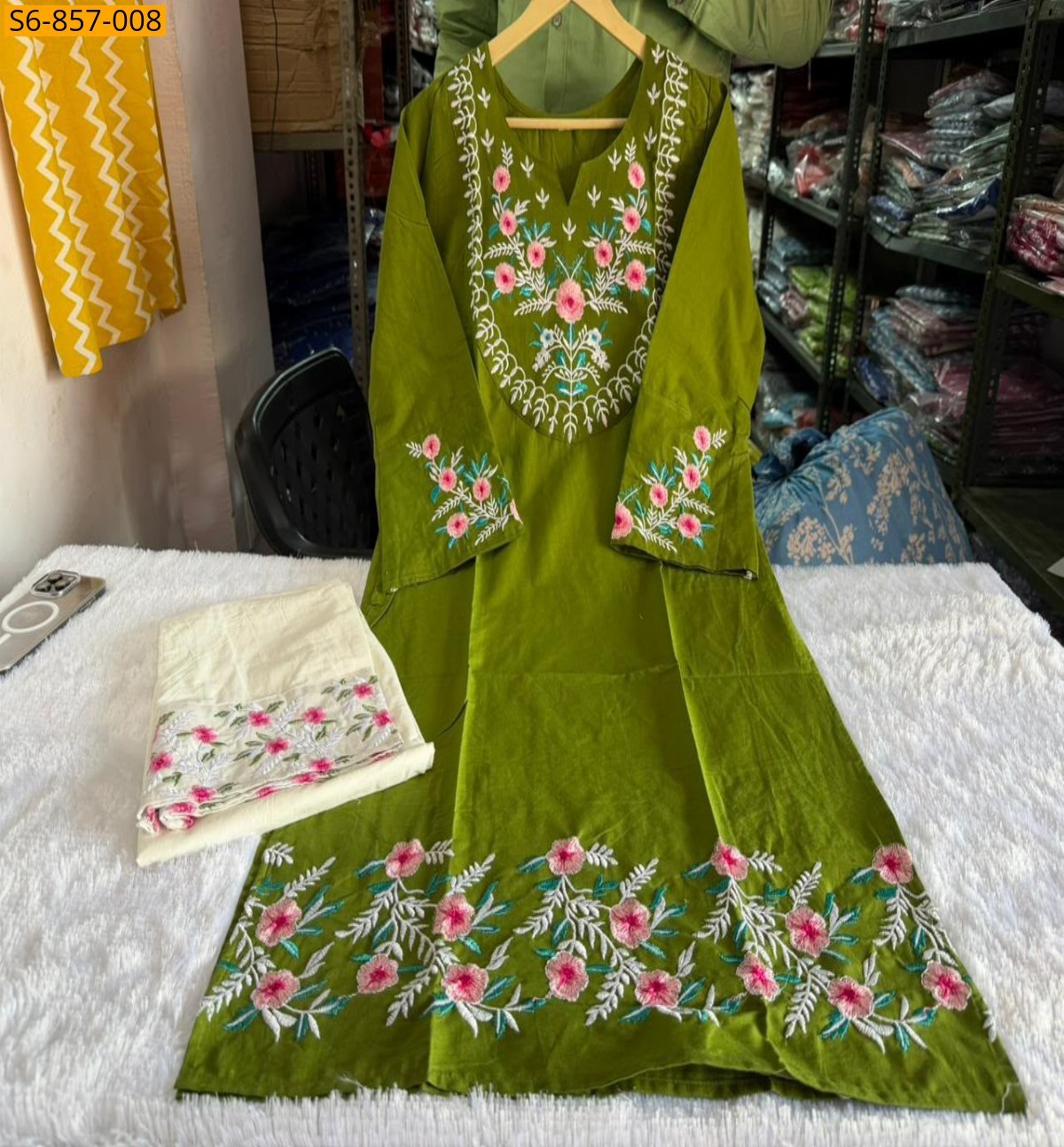 Green Fancy Mix Cotton Embroidered Coord Set