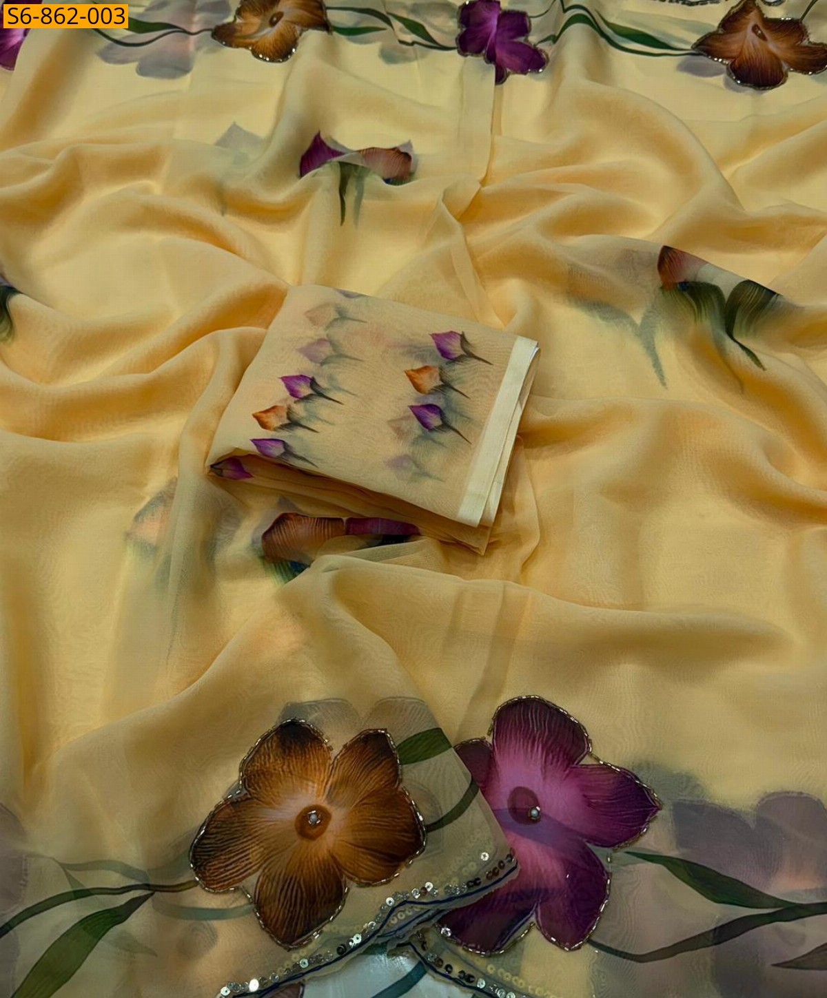 Yellow Fancy Soft Georgette Silk  Saree