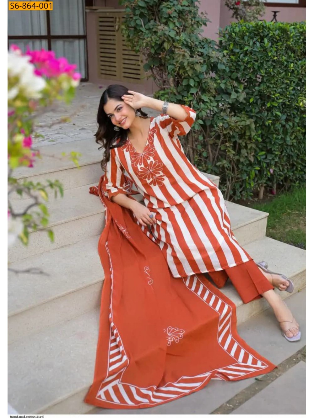 Orange Fancy Mix Cotton kurti pant dupatta set Orange Fancy Mix Cotton kurti pant dupatta set