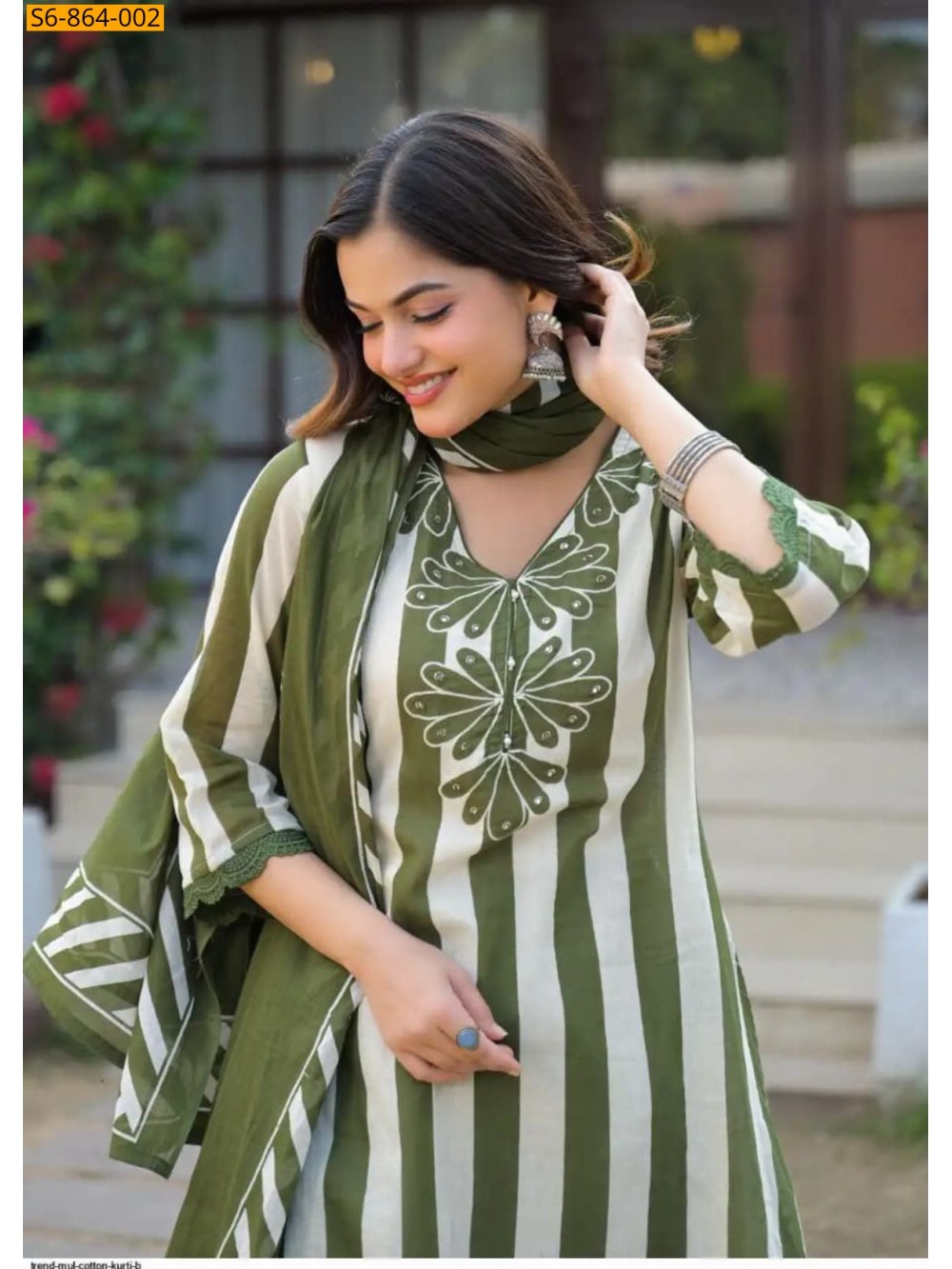 Green Fancy Mix Cotton kurti pant dupatta set Green Fancy Mix Cotton kurti pant dupatta set