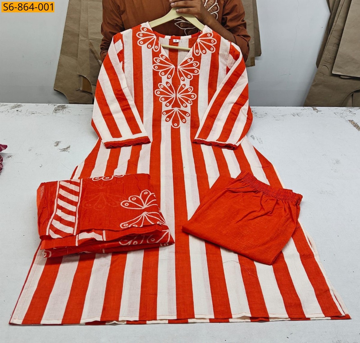 Orange Fancy Mix Cotton kurti pant dupatta set