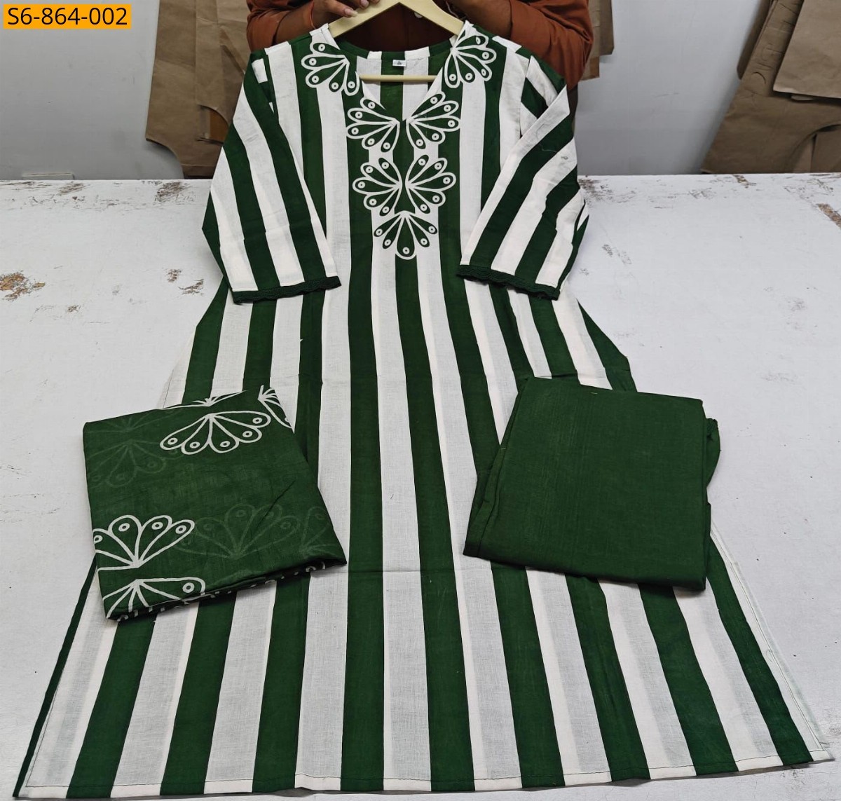 Green Fancy Mix Cotton kurti pant dupatta set