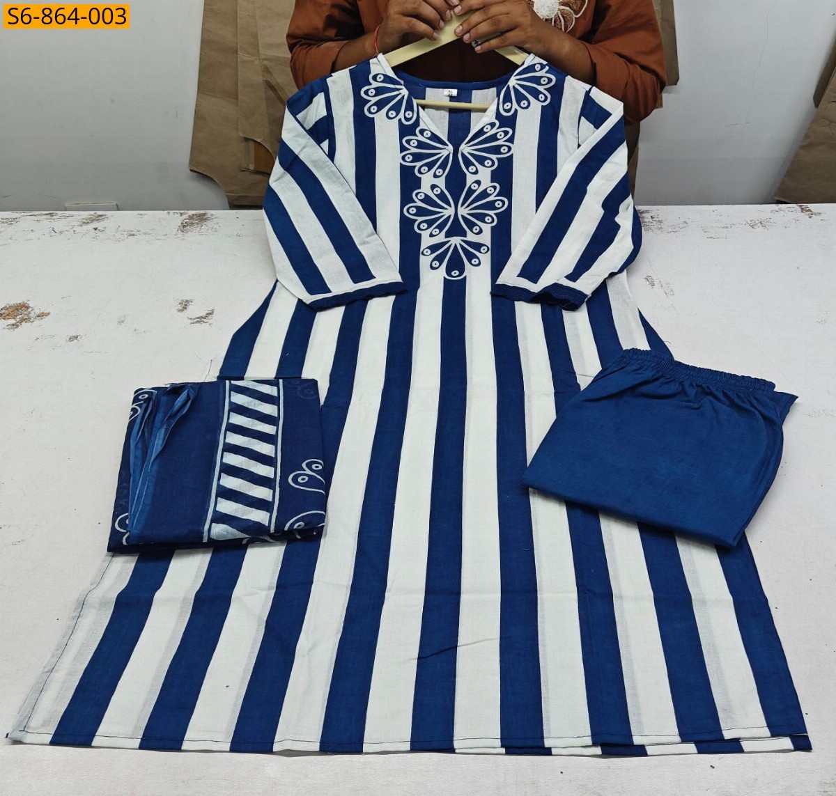 Blue Fancy Mix Cotton kurti pant dupatta set