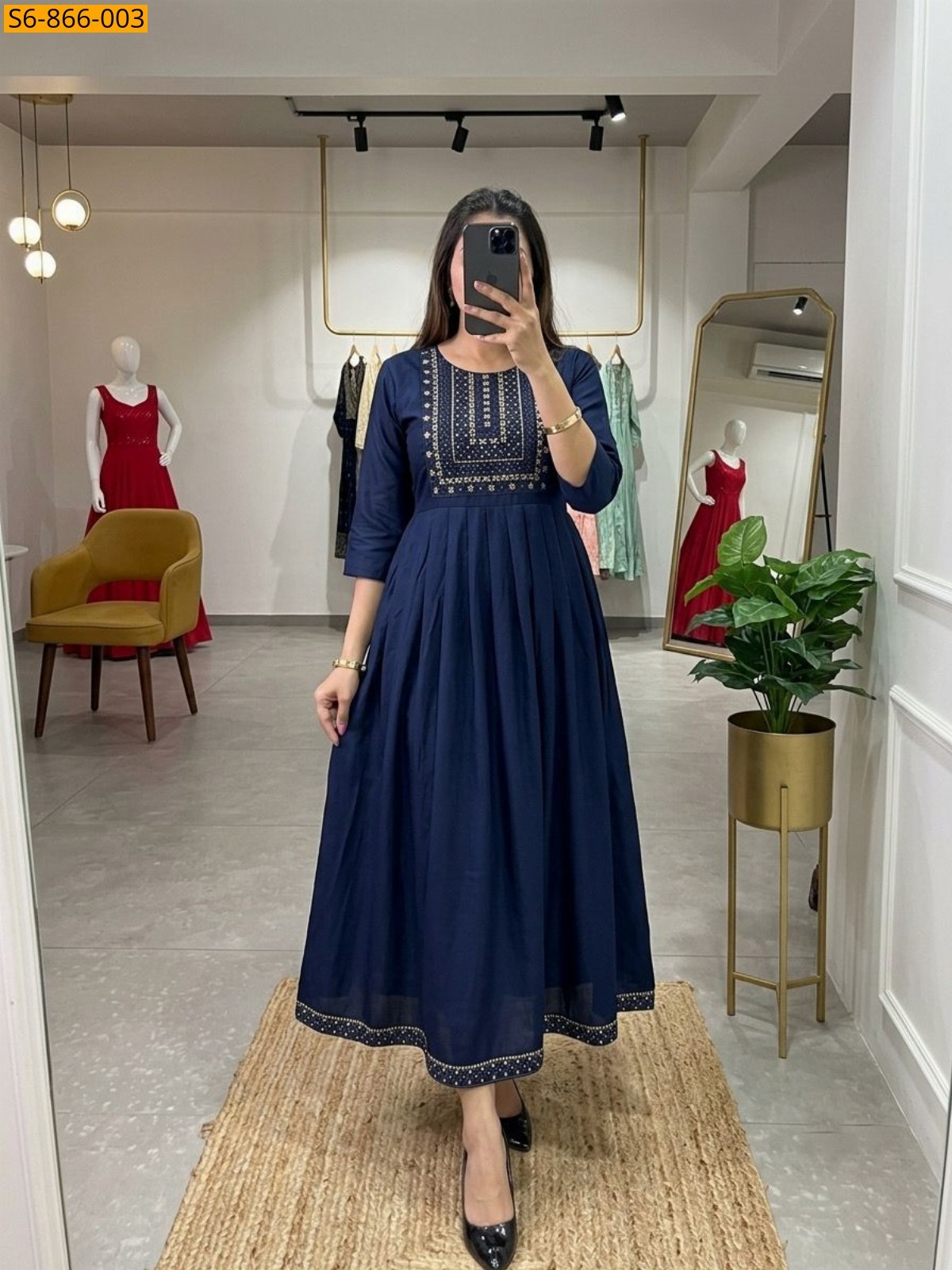 Navy Blue Fancy Roman Silk Kurti