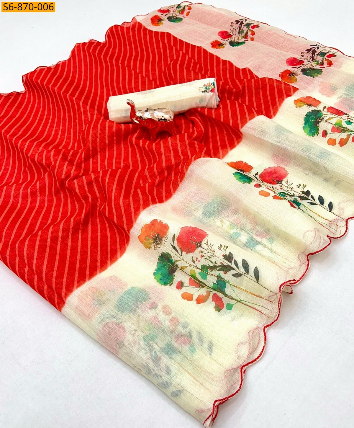 Orange Fancy Linen Saree