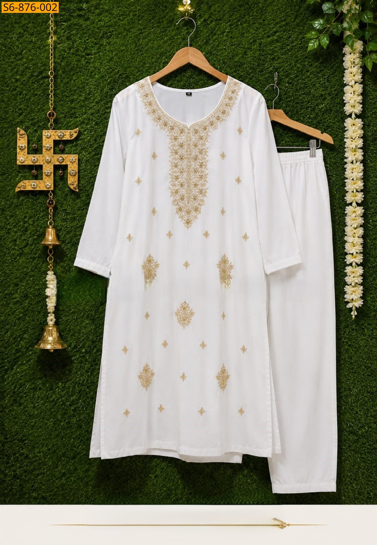 White Fancy Rayon Cotton kurti with pant