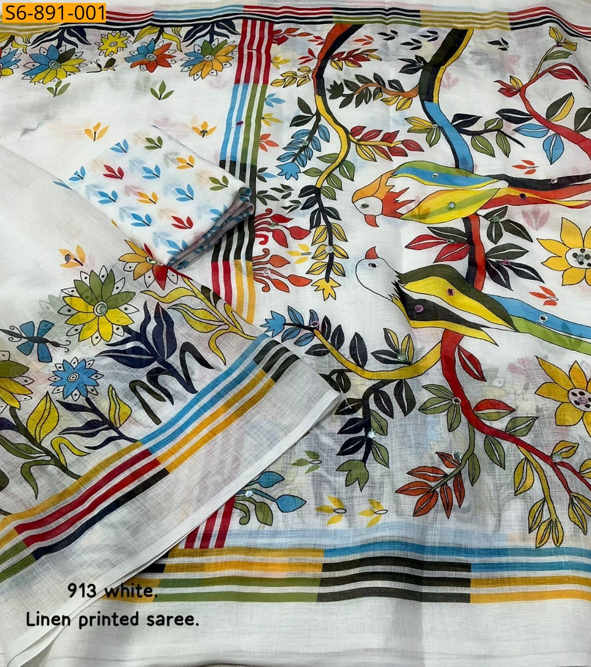 White Fancy Linen Printed Saree
