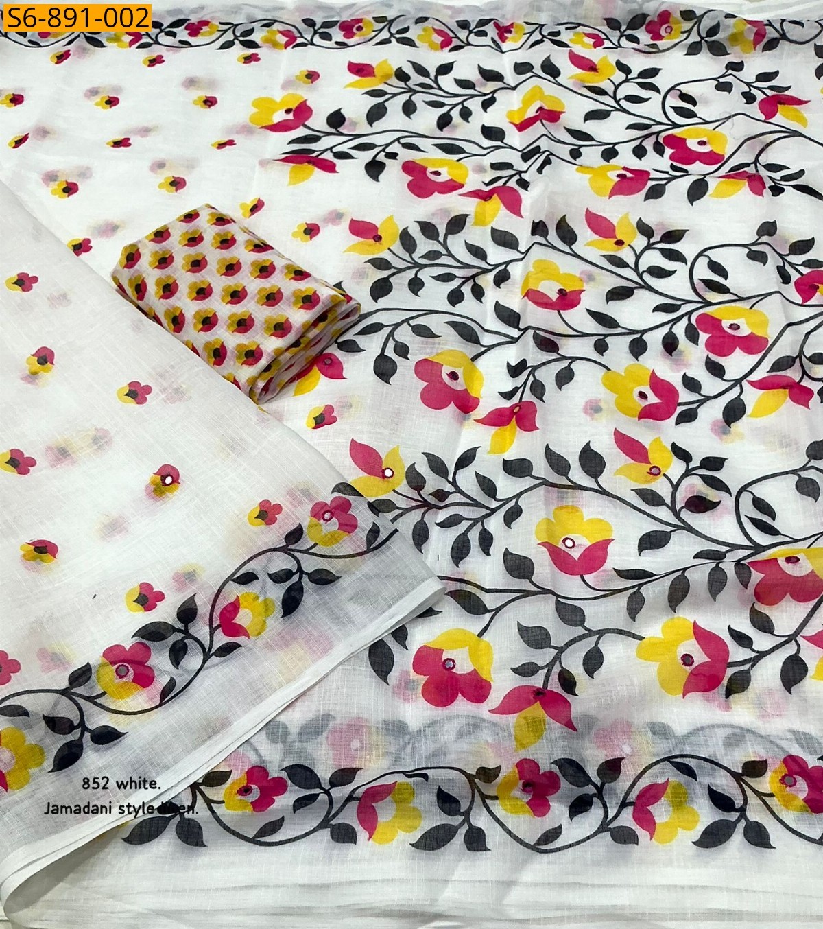 White Fancy Linen Printed Saree