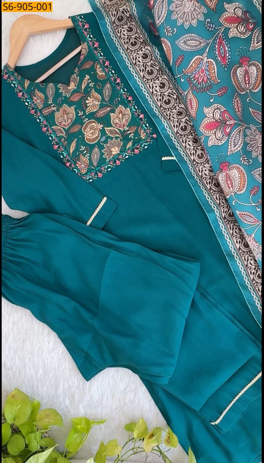 Peacock Blue Fancy Roman Silk kurti pant duppatta set