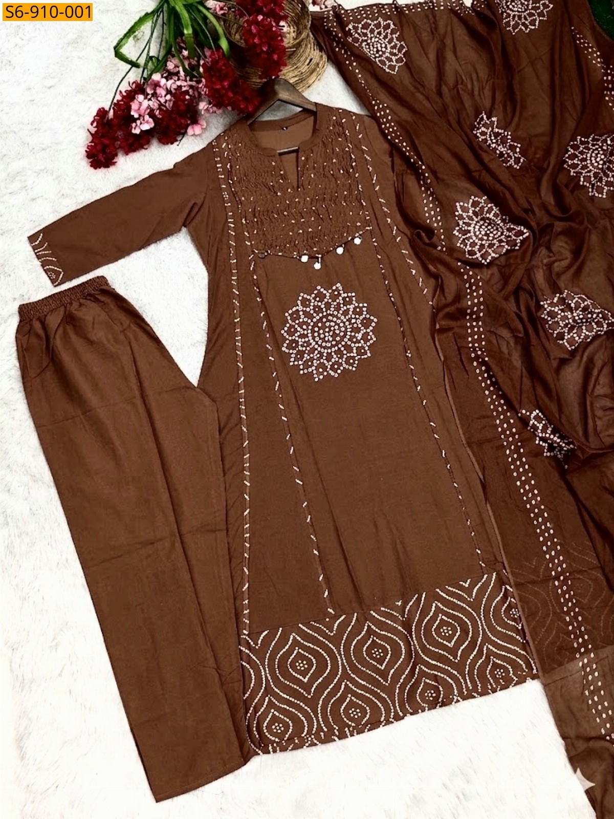 Brown Fancy mix Cotton Anarkali kurti set