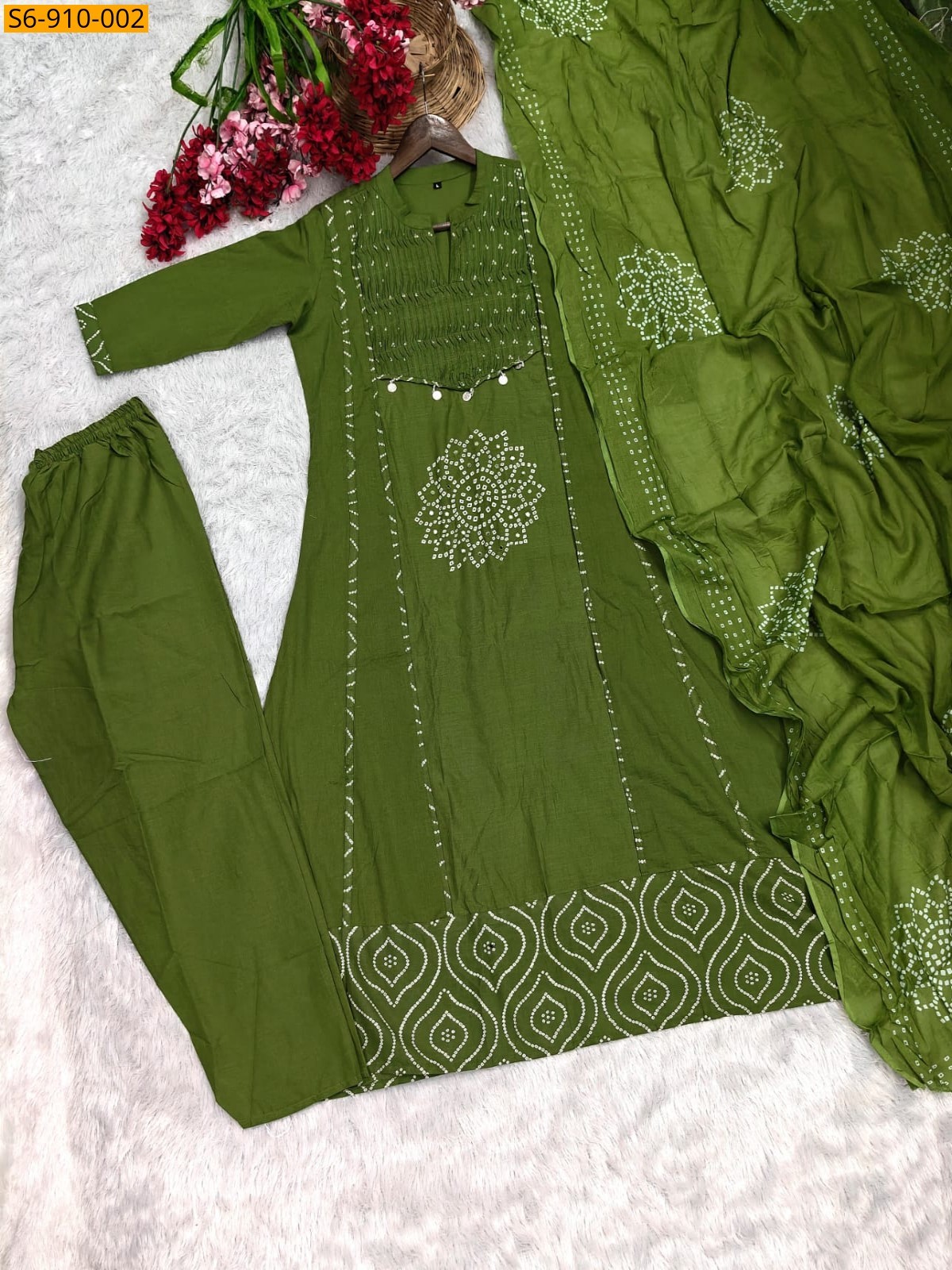 Green Fancy mix Cotton Anarkali kurti set