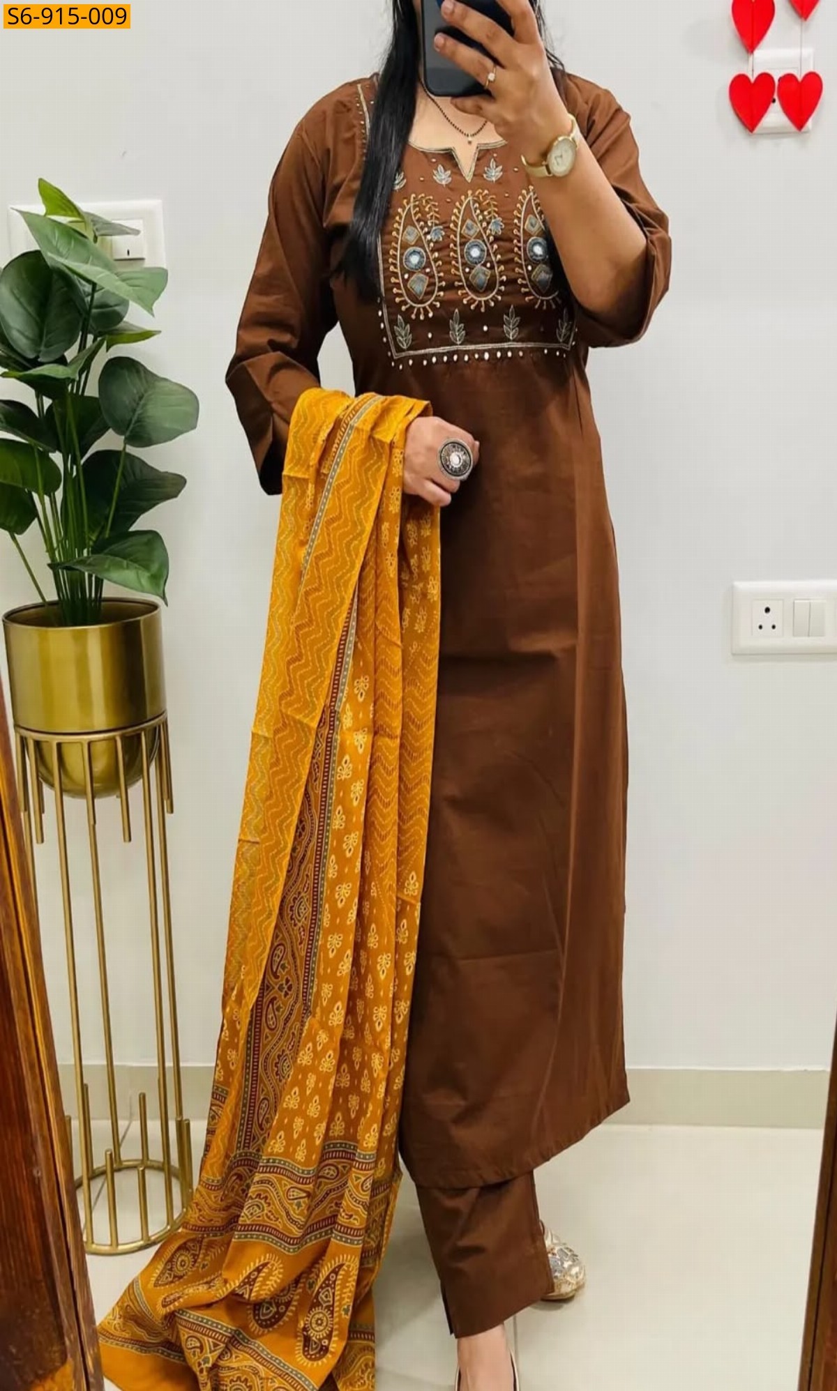 Brown Fancy Cotton Kurti pant duppatta set