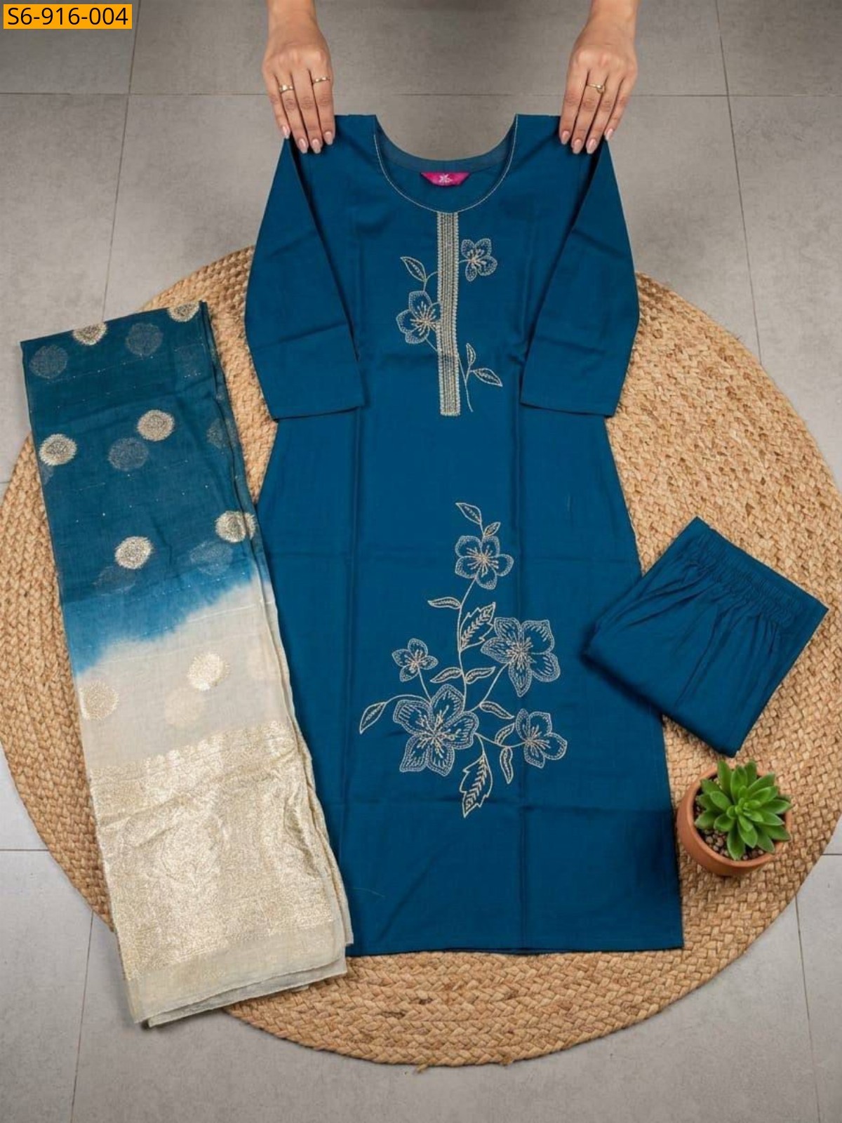 Navy Blue Fancy Roman Silk kurti pant duppatta Set
