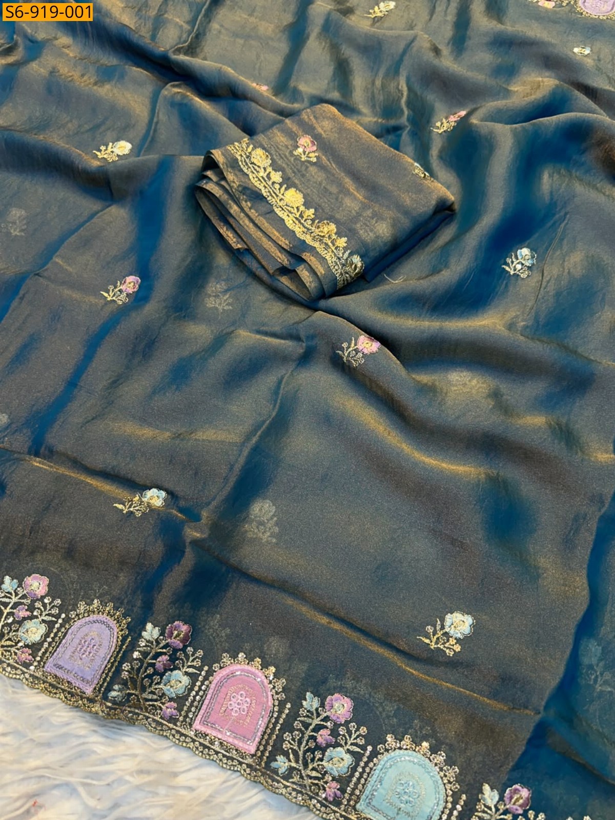 Dark green Fancy Satin Star Georgette Saree