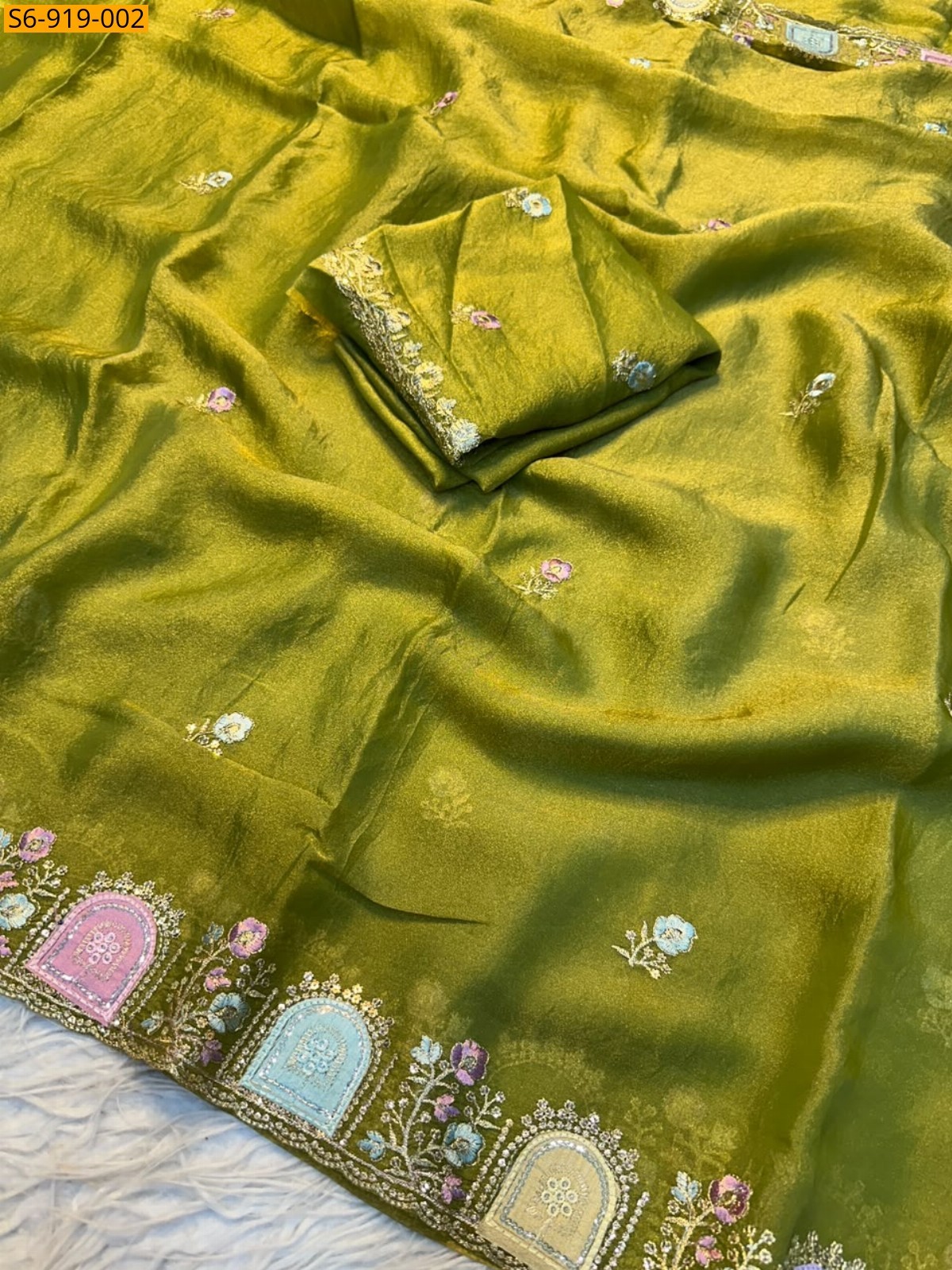 Green Fancy Satin Star Georgette Saree