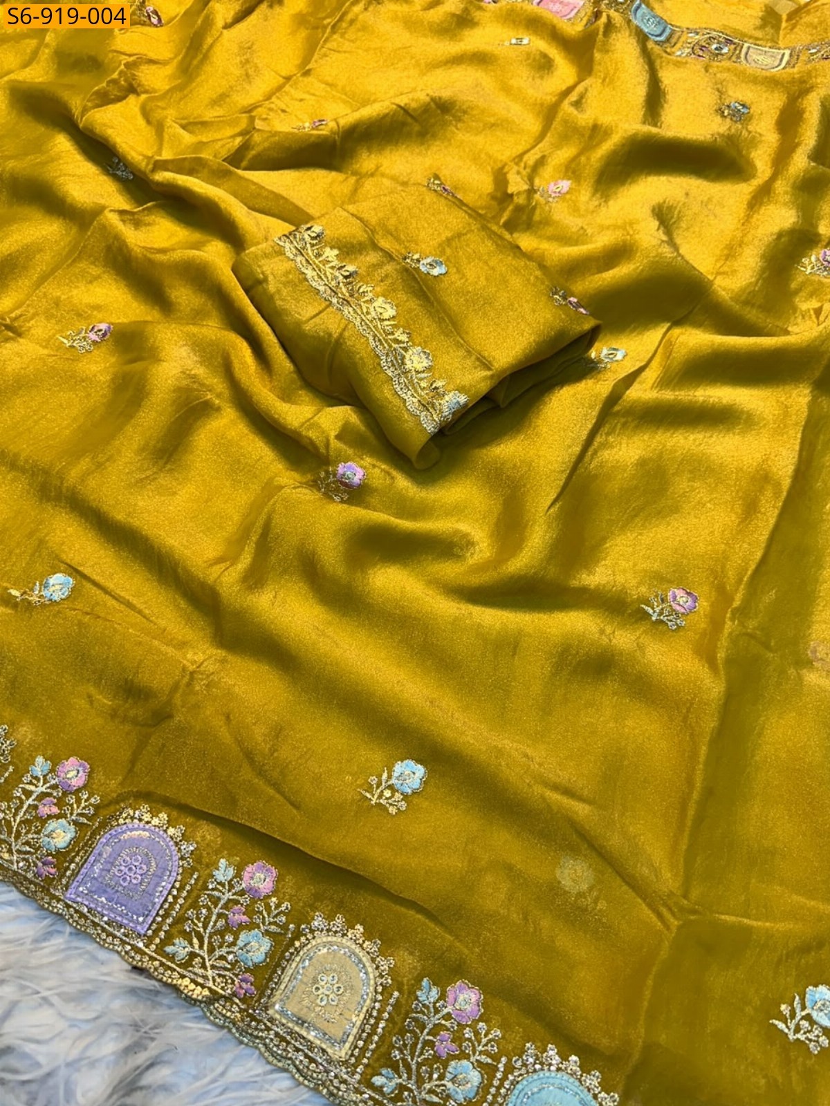 Mustard Fancy Satin Star Georgette Saree