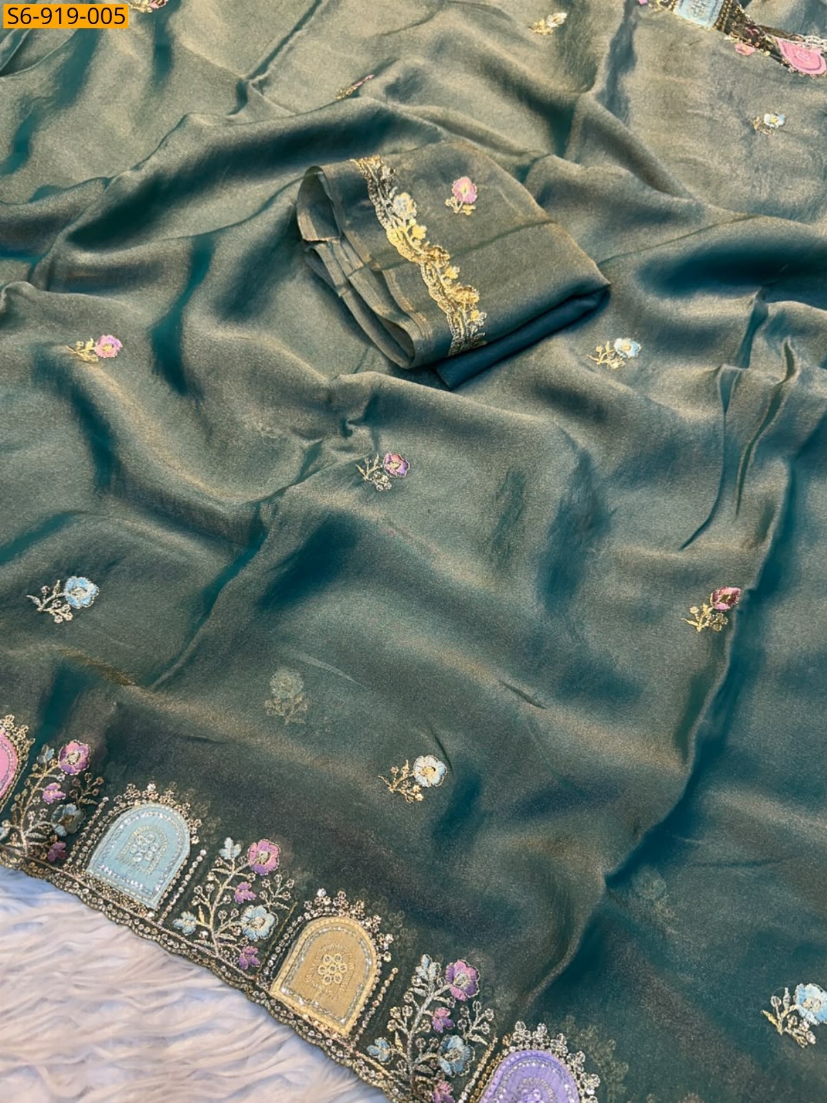 Golden green Fancy Satin Star Georgette Saree