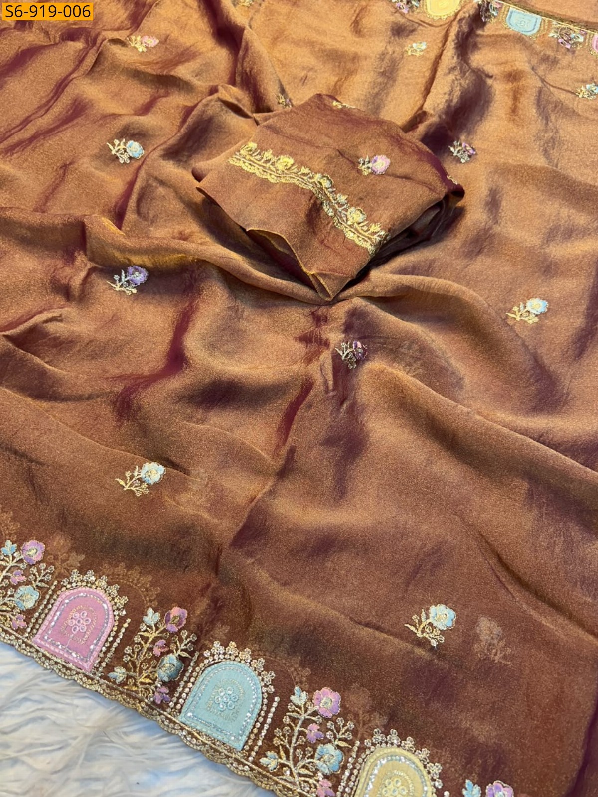 Brown Fancy Satin Star Georgette Saree