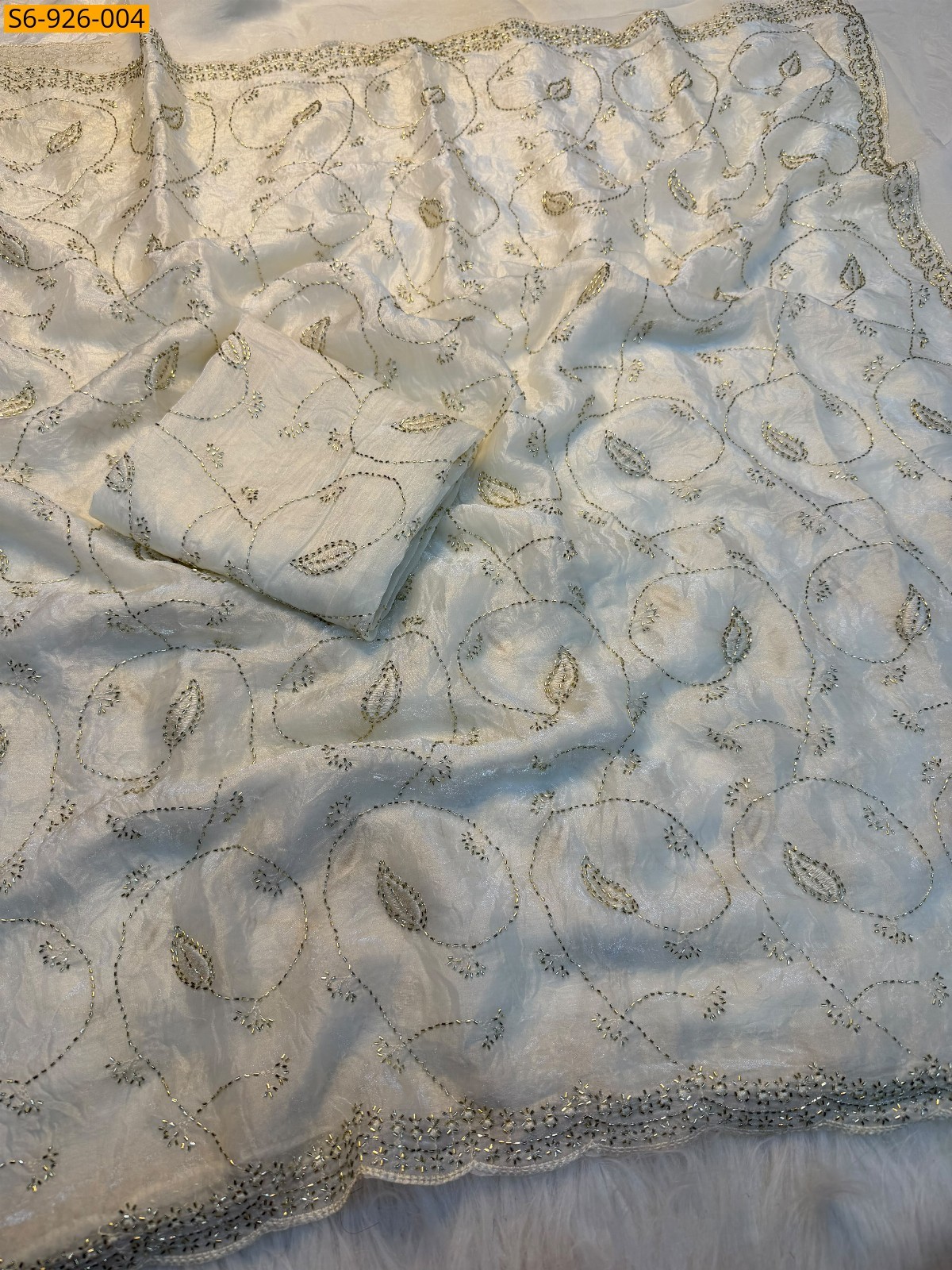 White Fancy Fendy Satin Sarees