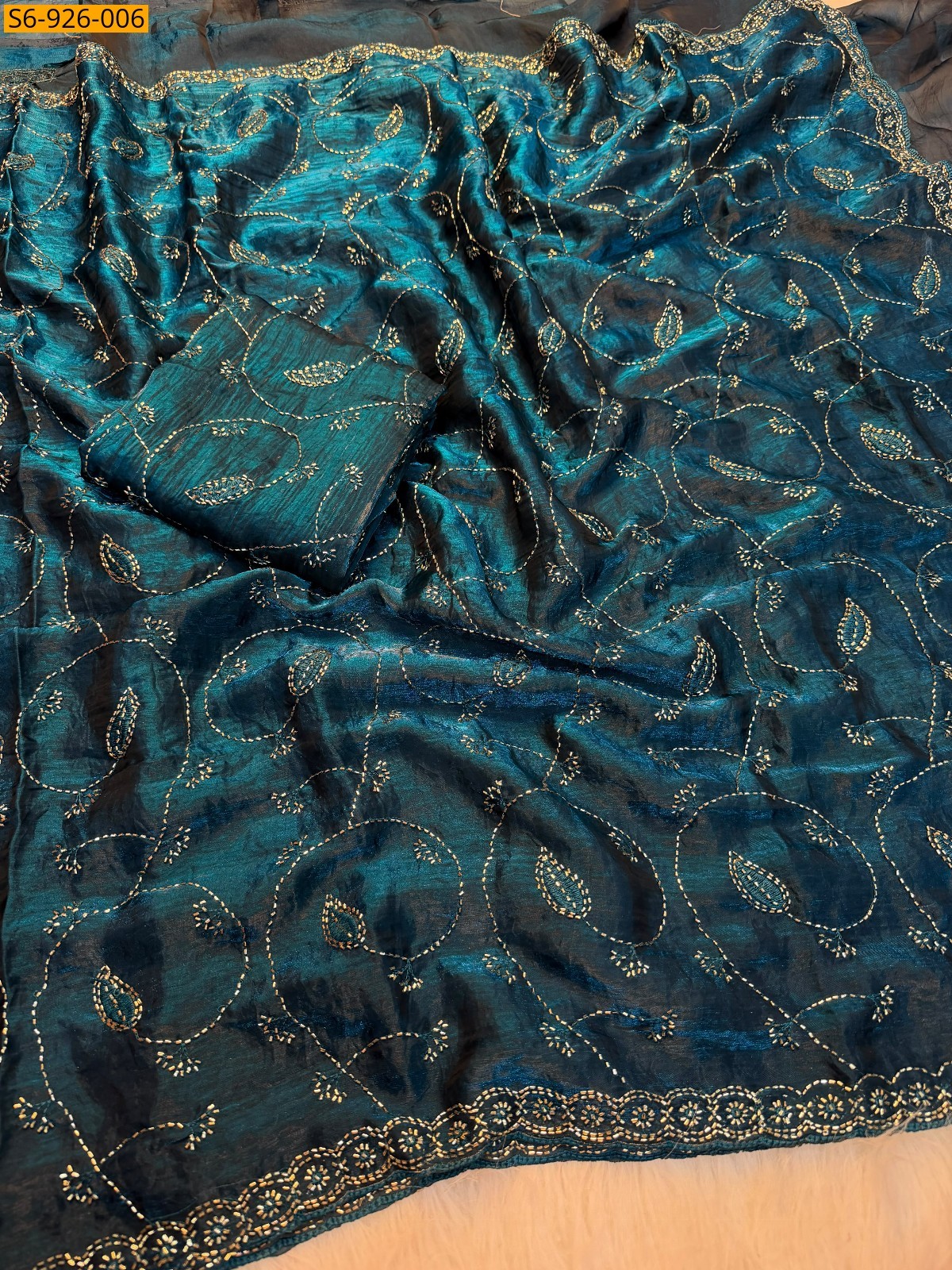Peacock Blue Fancy Fendy Satin Sarees