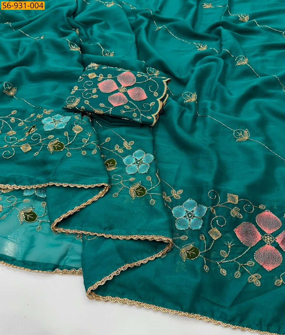 Teal Blue Fancy Star geogette Sarees