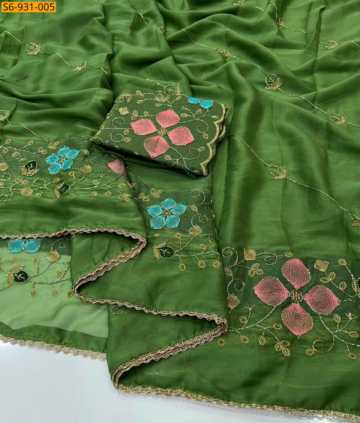 Green Fancy Star geogette Sarees