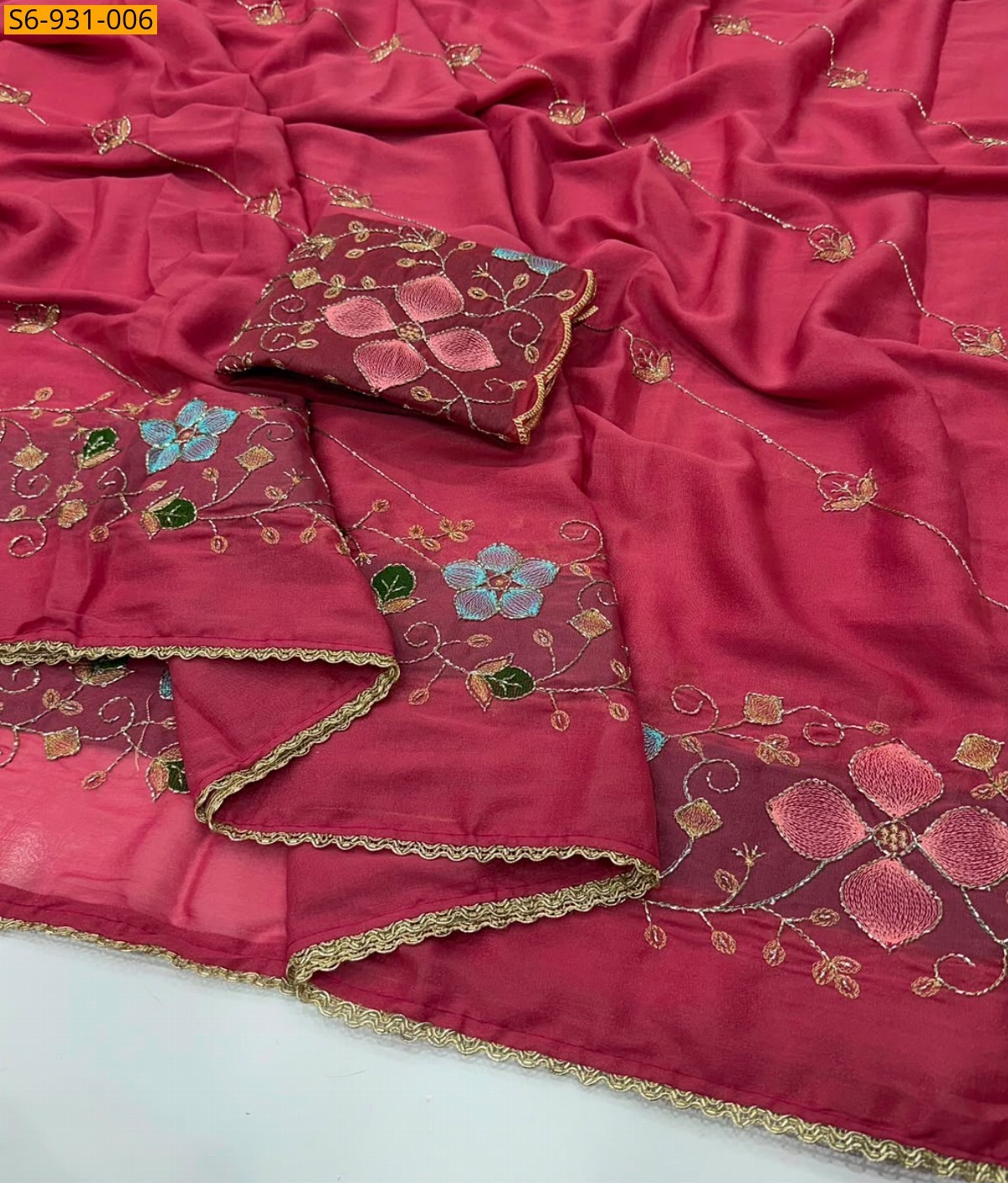 Red Fancy Star geogette Sarees