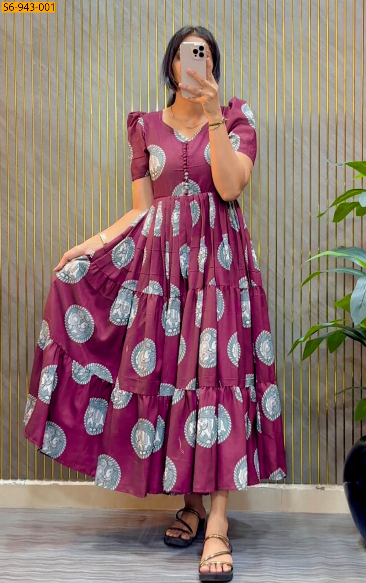 Burgundy Fancy Cambric Cotton Kalamkari Block Print Maxi