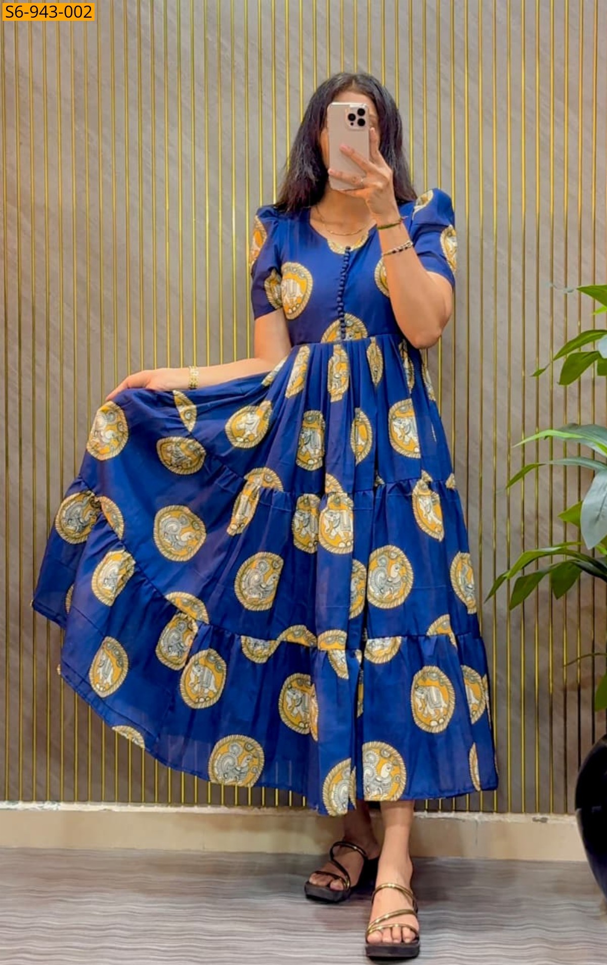 Blue Fancy Cambric Cotton Kalamkari Block Print Maxi