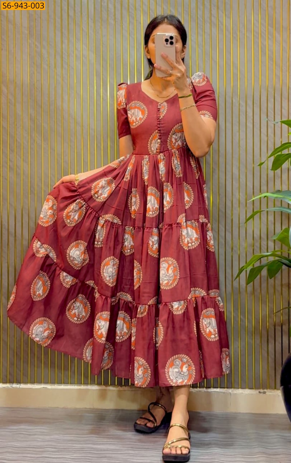 Orange Fancy Cambric Cotton Kalamkari Block Print Maxi